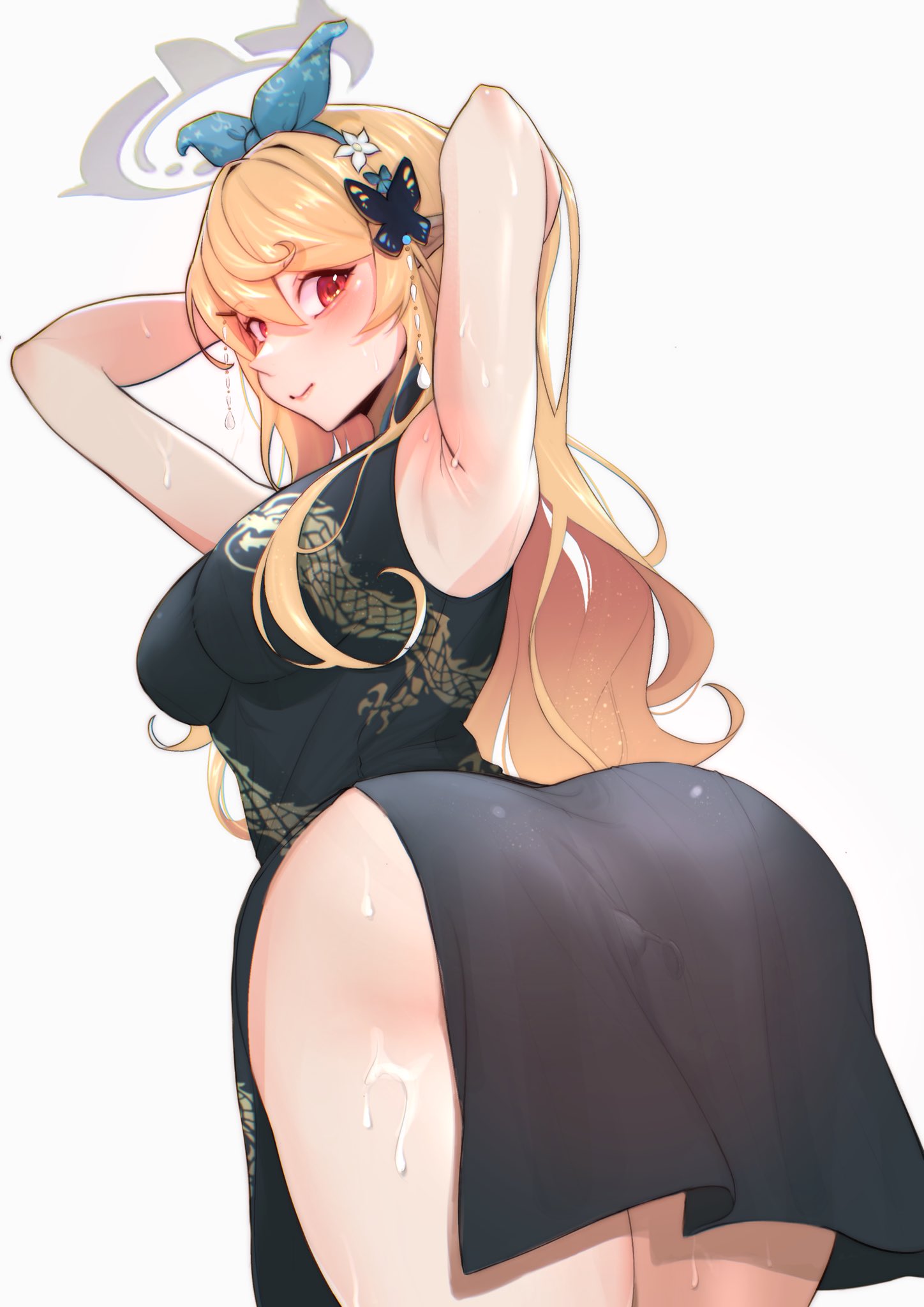 armpits ass black_dress blonde_hair blush breasts china_dress chinese_clothes cosplay cum cum_on_ass cum_on_body dragon_print dress egg_vibrator fairy female hair_behind_ear halo highres kisaki_(blue_archive) kisaki_(blue_archive)_(cosplay) long_hair looking_at_viewer nijisanji nijisanji_en pointy_ears pomu_rainpuff red_eyes sex_toy sleeveless_turtleneck_dress slewpie smile solo sweat vibrator vibrator_under_clothes virtual_youtuber