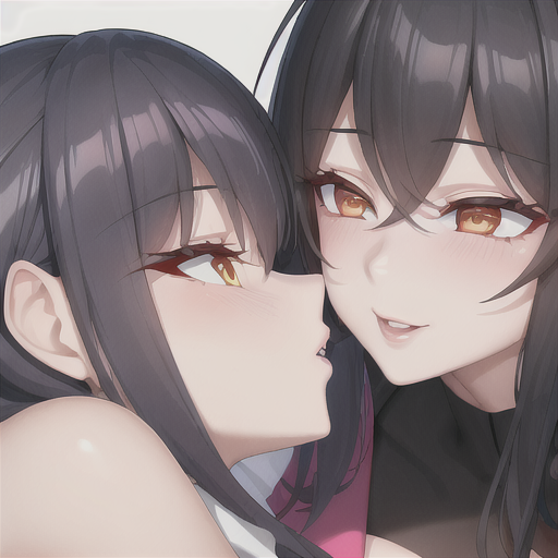 2girls about_to_kiss ai_generated black_hair black_topwear blush hi_res original original_character smile tagme tagme_(artist) user_lovespike yellow_eyes yuri