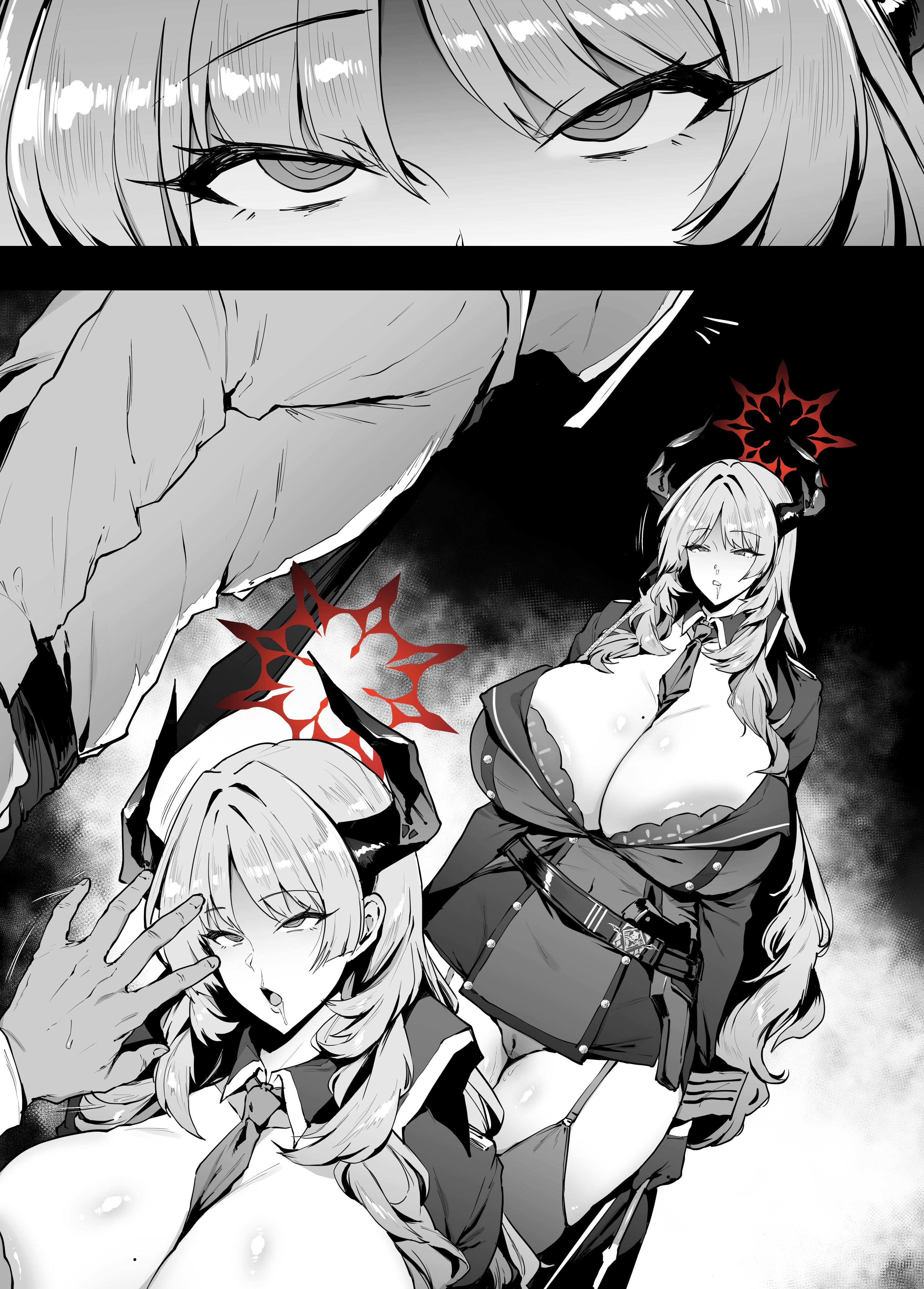 1boy, absurdres, between breasts, blue archive, breasts, cameltoe, comic, commentary request, drooling, empty eyes, expressionless, female, garter straps, gehenna academy student, halo, highres, horns, huge breasts, hypnosis, long hair, male, microskirt, mind control, monochrome, necktie, necktie between breasts, notice lines, paid reward available, pandemonium society (blue archive), panties, pussy, saliva, satsuki (blue archive), sensei (blue archive), silent comic, skirt, spot color, sweatdrop, thighhighs, thirty 8ght, underwear, upturned eyes, waving