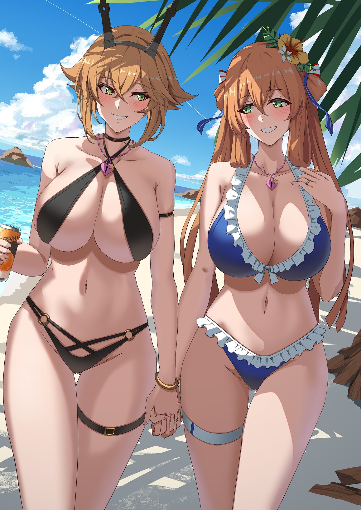 2girls beach bikini black_bikini blue_bikini blush breasts brown_hair can choker cleavage criss-cross_halter flower frilled_bikini frills girls'_frontline green_eyes grin hair_flower hair_ornament halterneck headgear heart_lock_(kantai_collection) highres holding holding_can holding_hands huge_breasts jewelry kantai_collection large_breasts long_hair multiple_girls mutsu_(kantai_collection) necklace outdoors ring second-party_source short_hair smile springfield_(girls'_frontline) swimsuit thigh_strap twintails walking wedding_ring wife_and_wife yashiro_(silver_will) yuri