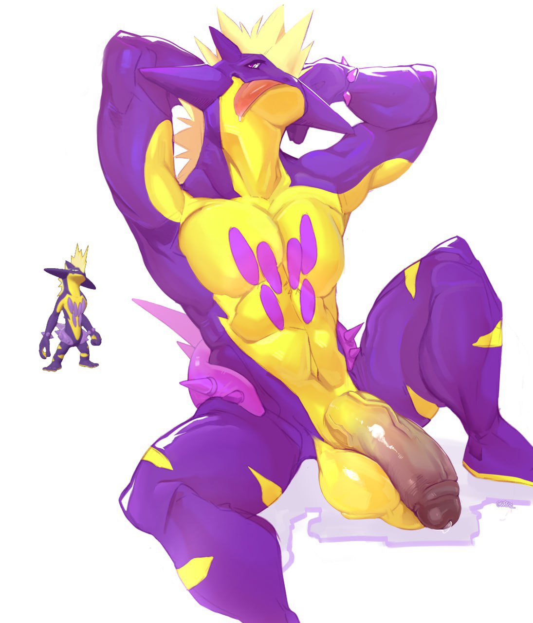 anthro athletic athletic_male balls biped bodily_fluids darkened_genitalia darkened_penis digital_drawing_(artwork) digital_media_(artwork) flaccid generation_8_pokemon genitals glans hands_behind_head hi_res humanoid_genitalia humanoid_penis low_key_toxtricity male nintendo penis pokemon pokemon_(species) purple_body saliva saliva_on_tongue simple_background sitting solo strinder tongue tongue_out toxtricity ursso_(artist) white_background yellow_body