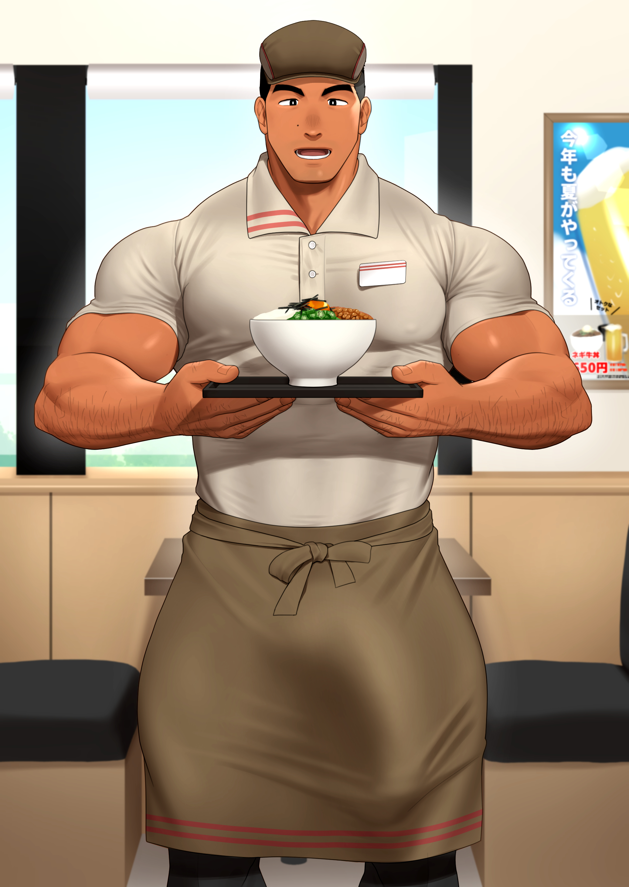 1boy, abs, apron, bara, beauty mark, big bulge, black hair, bodybuilder, bulge, flaccid, hairy arms, huge bulge, kuromine hiraya, looking at viewer, male, male only, muscles, muscular, muscular male, muscular thighs, nipples, pecs, penis, server, smile, smiling at viewer, solo, solo male, tan skin, thick thighs, tight clothing, tight shirt, waiter, yaoi, yuatari