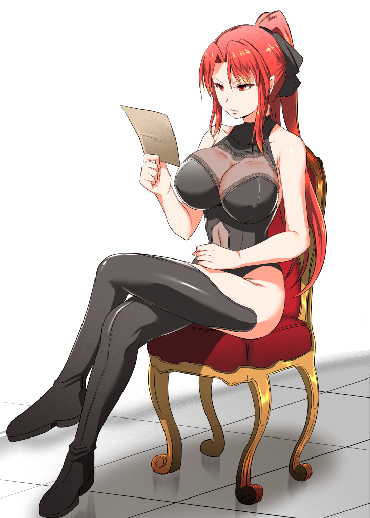 1girls 2d big_breasts breasts breasts_bigger_than_head cg_art color disinterested emotionless expressionless leotard nipple_bulge nipples noblewoman nuko_majin ponytail reading sitting the_scarlet_demonslayer thigh_boots thighhighs uninterested