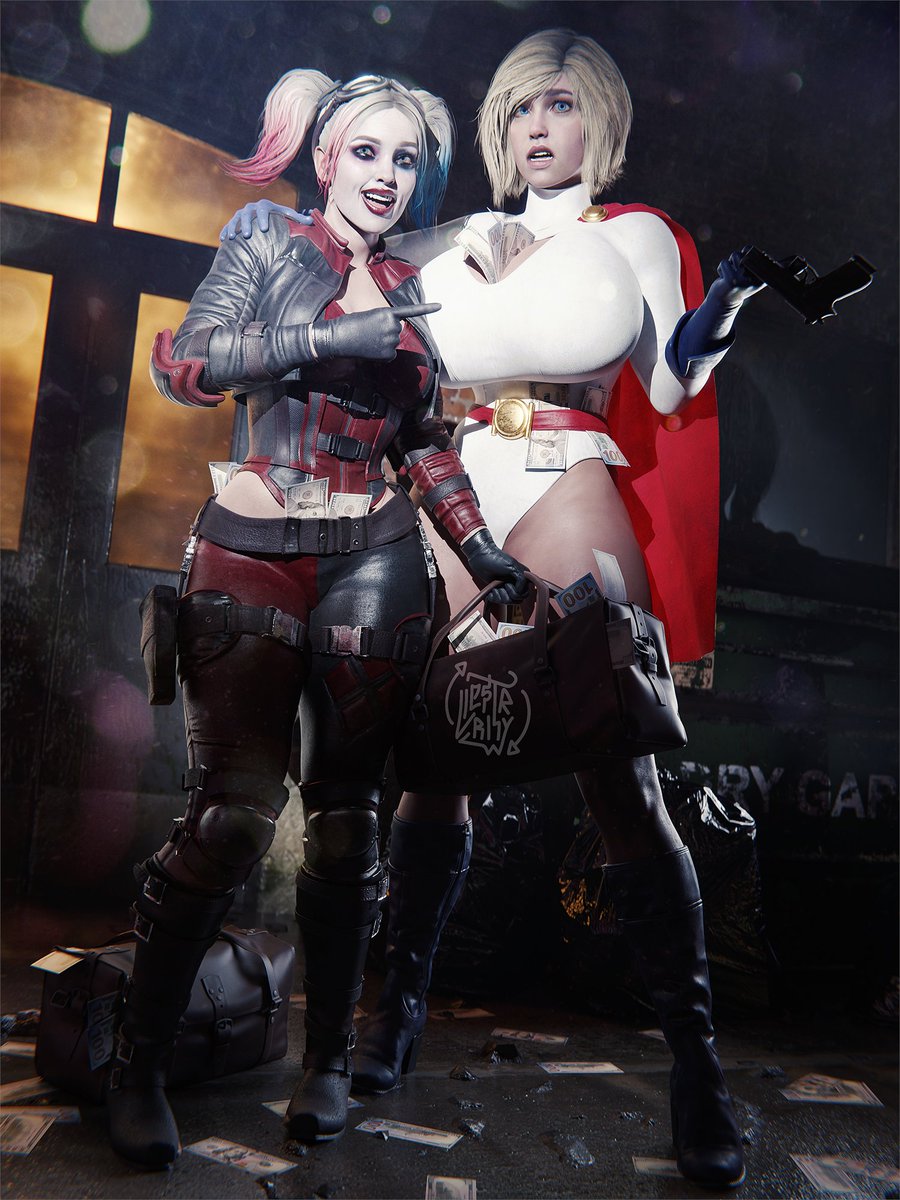 2girls 3d alien alien_girl alien_humanoid batman_(series) big_breasts bottom_heavy breasts breasts_bigger_than_head busty caught cleavage curvaceous curvy curvy_figure dat_ass dc dc_comics digital_media_(artwork) eyebrows eyelashes eyes female female_only gun hair harley_quinn harley_quinn_(injustice) hero heroine huge_breasts humanoid hyper_breasts injustice_2 kara_zor-l karen_starr large_ass large_breasts light-skinned_female light_skin lips llestrrhy massive_breasts money money_bag money_in_cleavage multiple_girls power_girl power_girl_(injustice) rhywlad superhero superheroine superman_(series) villain villainess voluptuous voluptuous_female