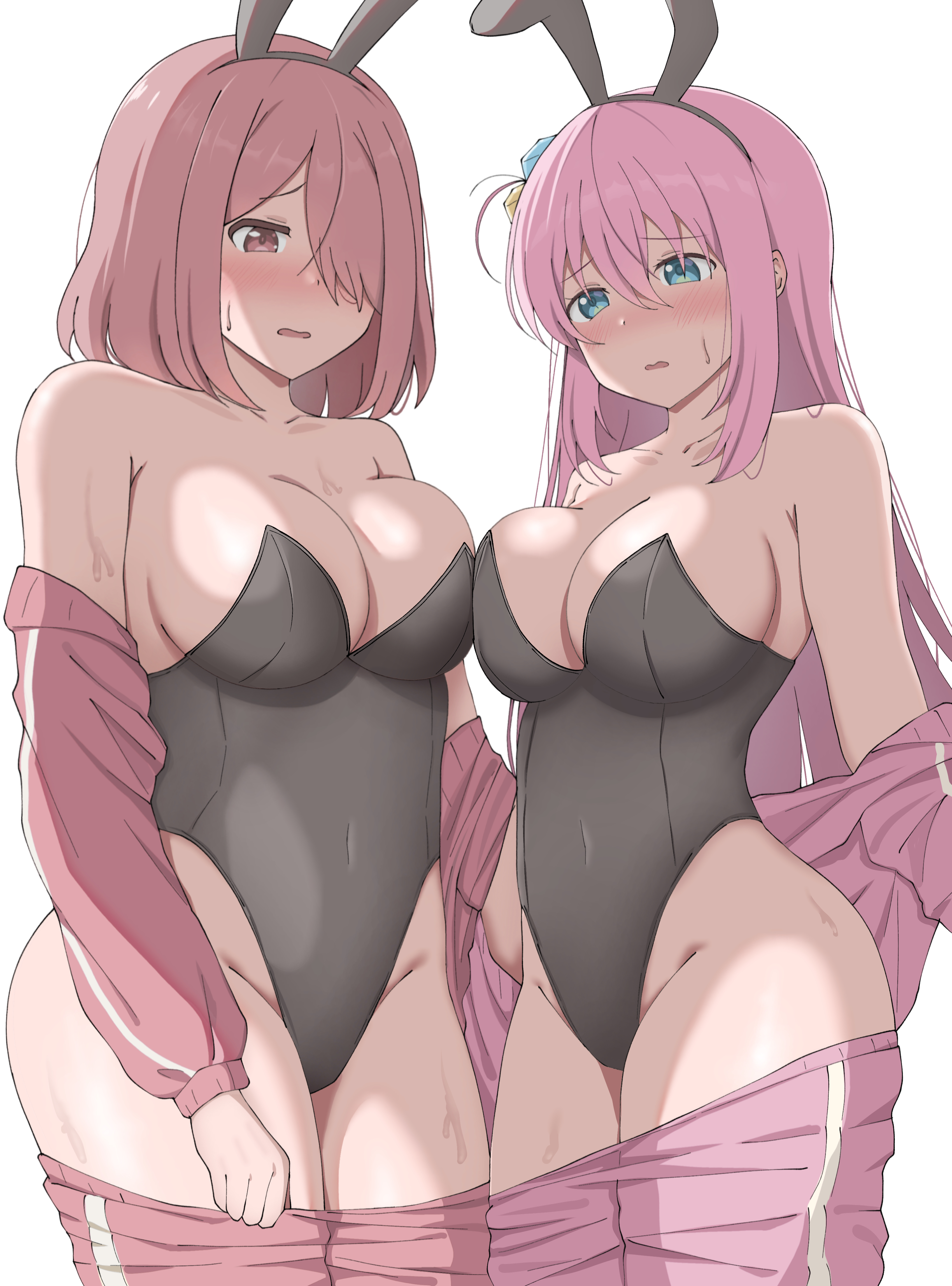 2girls, absurdres, animal ears, black leotard, blue eyes, bocchi the rock!, breasts, bunny girl, bunnysuit, crossover, cube hair ornament, fake animal ears, female, gotou hitori, hair ornament, hair over one eye, highres, hoshino miyako (wataten), jacket, large breasts, leotard, long hair, multiple females, multiple girls, pink hair, pink jacket, playboy bunny, poa mellhen, rabbit ears, red eyes, red hair, short hair, shy, simple background, track jacket, watashi ni tenshi ga maiorita!, white background