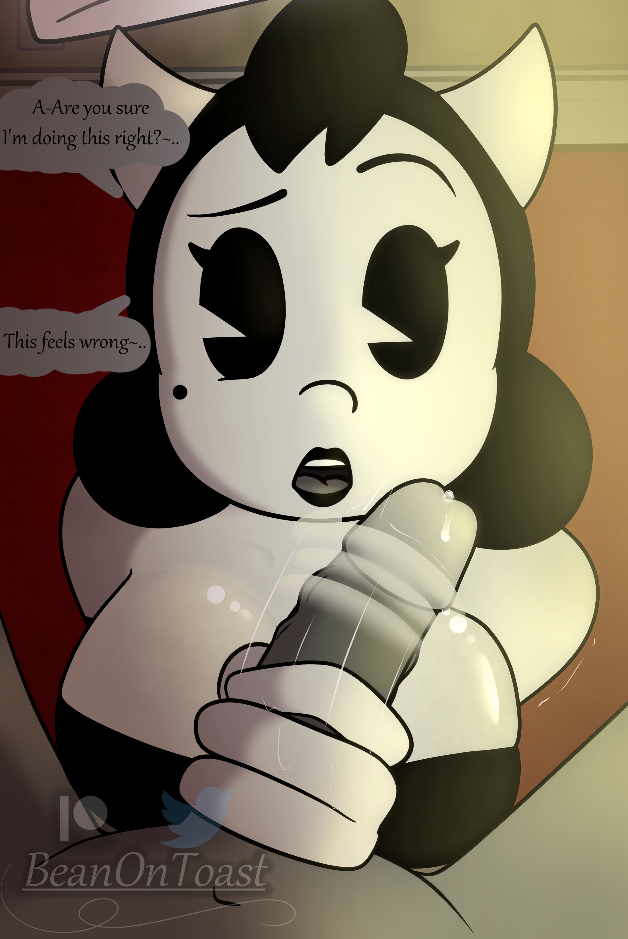 alice angel, anthro, beanontoast, bendy and the ink machine, big breasts, breasts, cleavage, clothed female, female, female masturbing male, first time, handjob, rubberhose