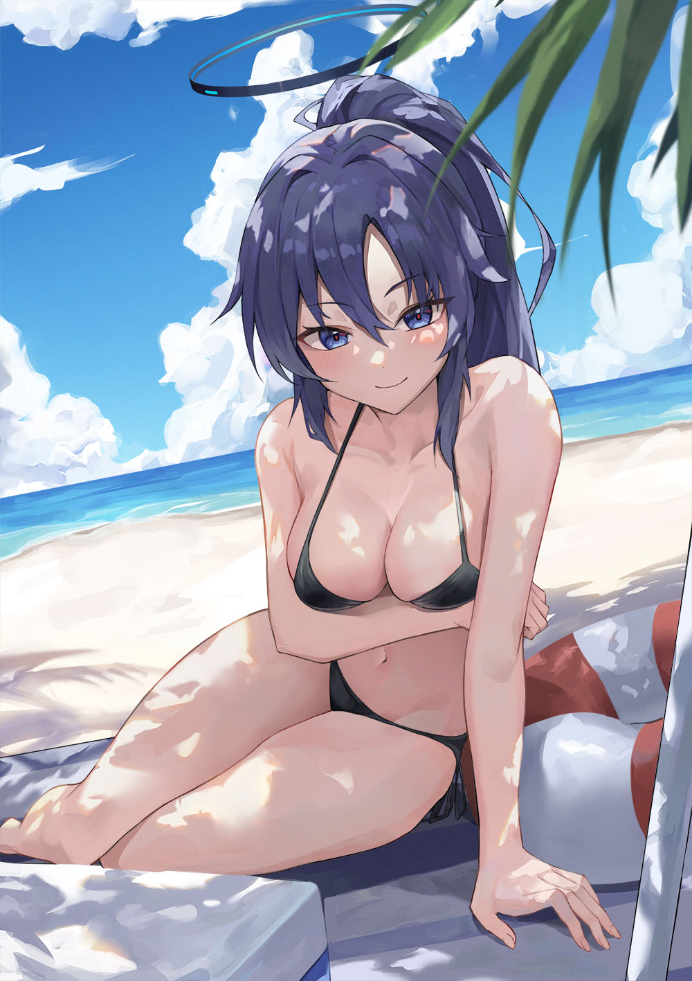 alternate_hairstyle arm_support arm_under_breasts beach bikini blue_archive buoy clouds dawon large_breasts millennium_science_school_student palm_tree ponytail red_pupils seminar_(blue_archive) sfw sitting tagme tagme_(artist) yuuka_(blue_archive)