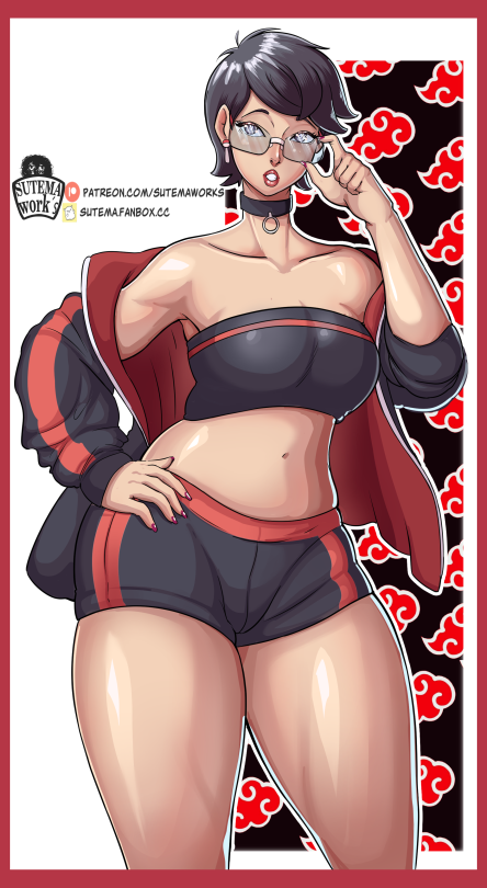 1girls boruto:_naruto_next_generations boruto:_two_blue_vortex breasts busty choker curvaceous curvy curvy_body curvy_female curvy_figure female glasses medium_breasts naruto sarada_uchiha short_hair sutema thick_thighs thighs uchiha_sarada voluptuous