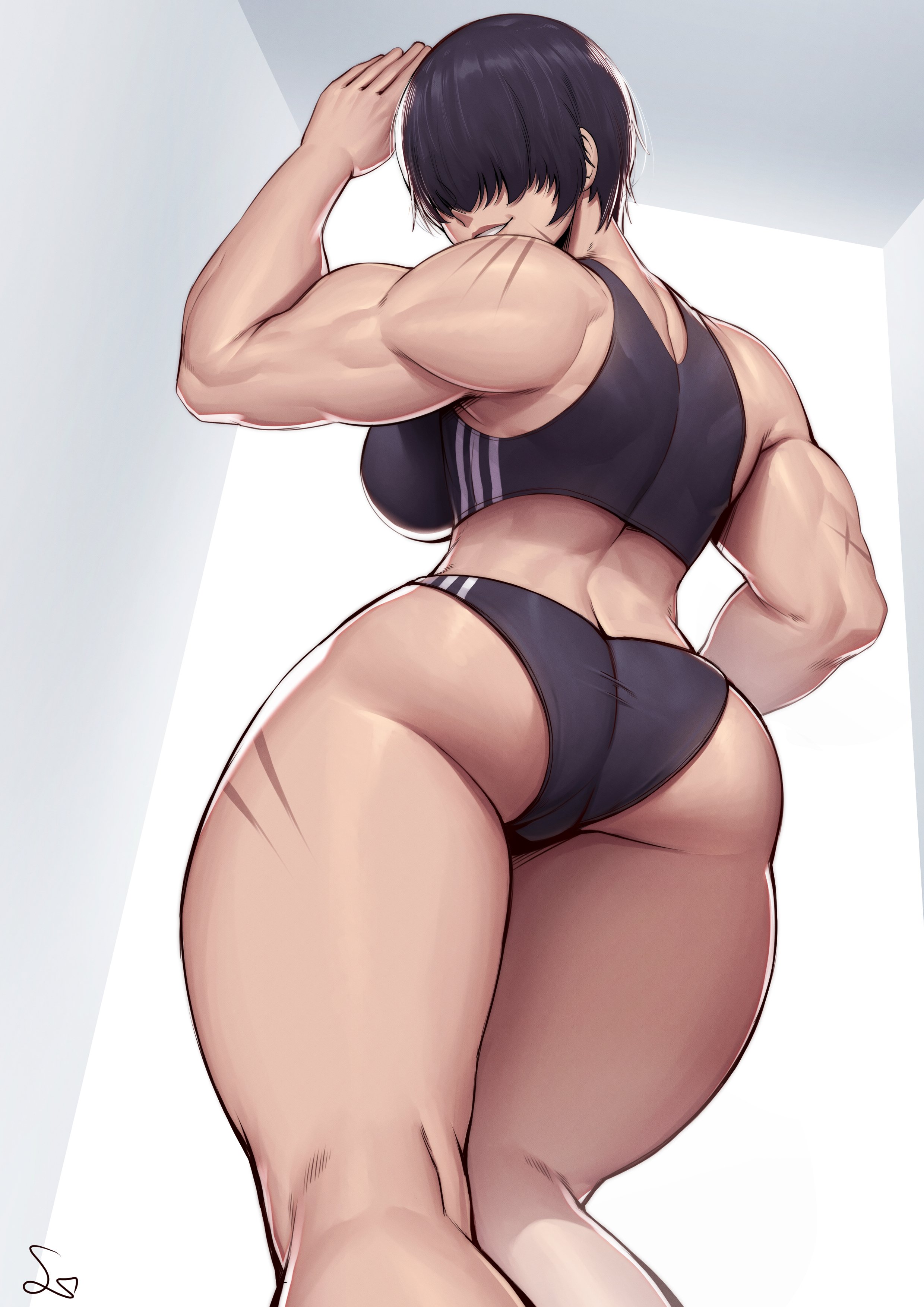 1girls, absurd res, ass, ass focus, back, back view, biceps, big ass, big butt, black hair, breasts, cameltoe, commission, covered eyes, eyes covered, female, from behind, hair over eyes, hi res, long bangs, looking back, low-angle view, muscular, muscular arms, muscular back, muscular female, original, original character, parted lips, pussy, scar, short hair, signature, simple background, smile, solo, speedl00ver, sports bra, thick thighs, underwear