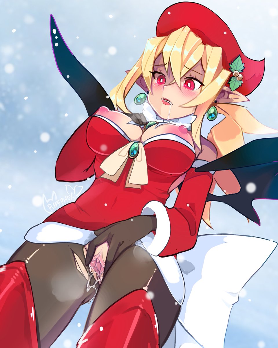 1girls breasts disgaea disgaea_2 exposed_breasts exposed_pussy female large_breasts nippon_ichi_software pointy_ears puffphox pussy rozalin santa_costume santa_hat solo tights torn_clothes wet_pussy