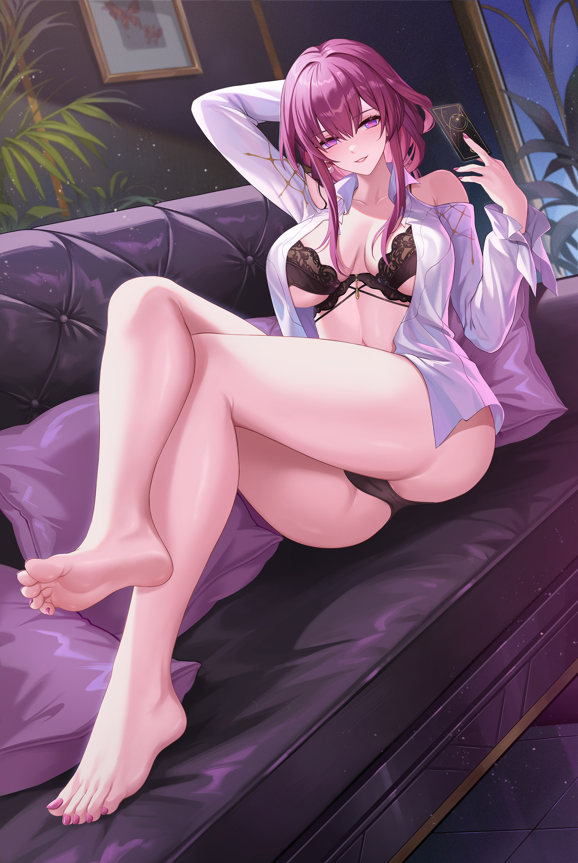 ass, bra, breasts, breasts apart, card, crossed legs, feet, female, holding object, honkai: star rail, huge breasts, kafka (honkai: star rail), large ass, large breasts, lingerie, open shirt, painted toenails, panties, sitting on sofa, thick thighs, thighs, wide hips