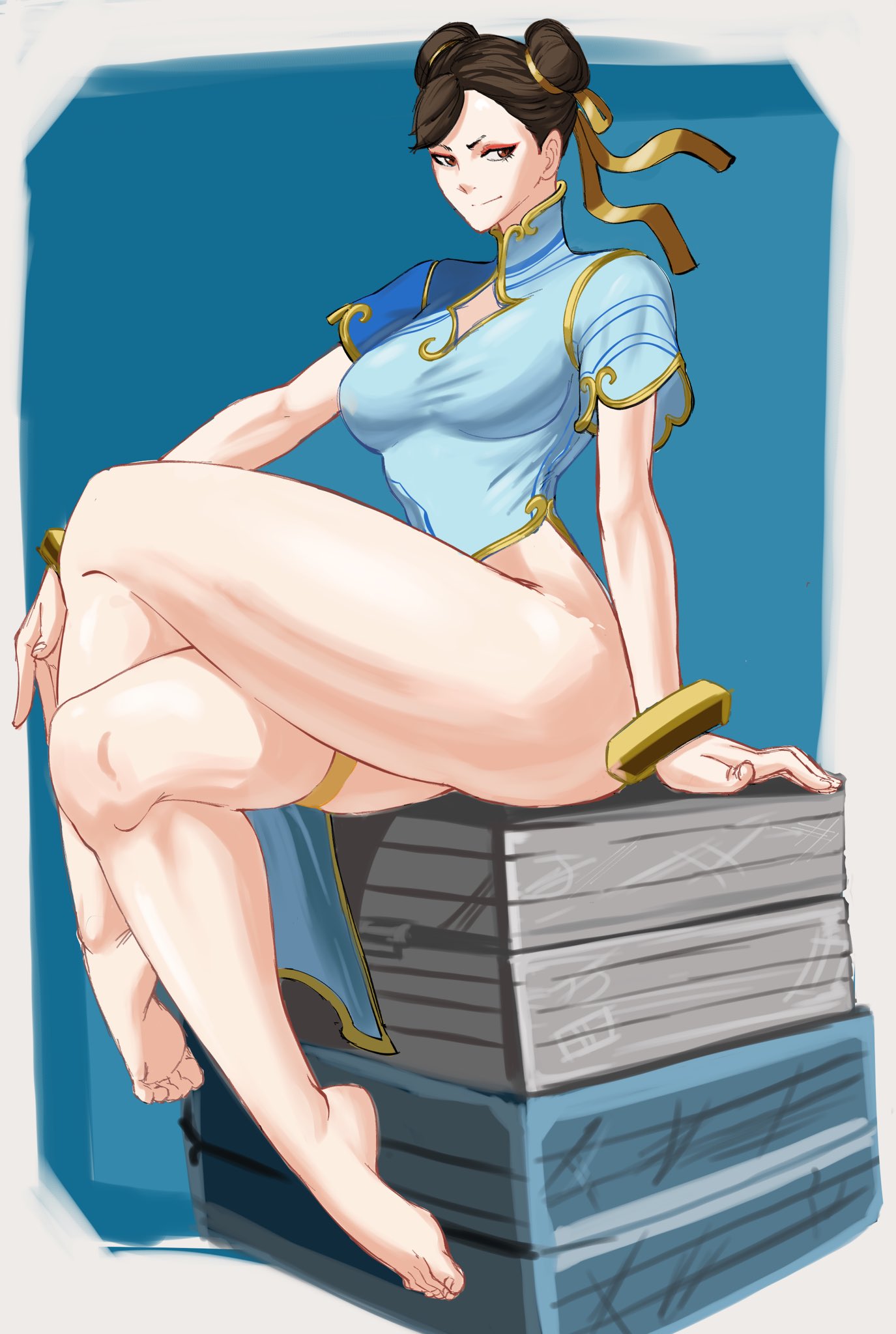 1girls, bare legs, barefoot, bracelet, breasts, capcom, chun-li, eyeshadow, female, female focus, full body, hair bun, highres, jewelry, looking at viewer, makeup, mature female, medium breasts, milf, octavius dp, short hair, solo, street fighter, street fighter 6, thick thighs, thighs, voluptuous