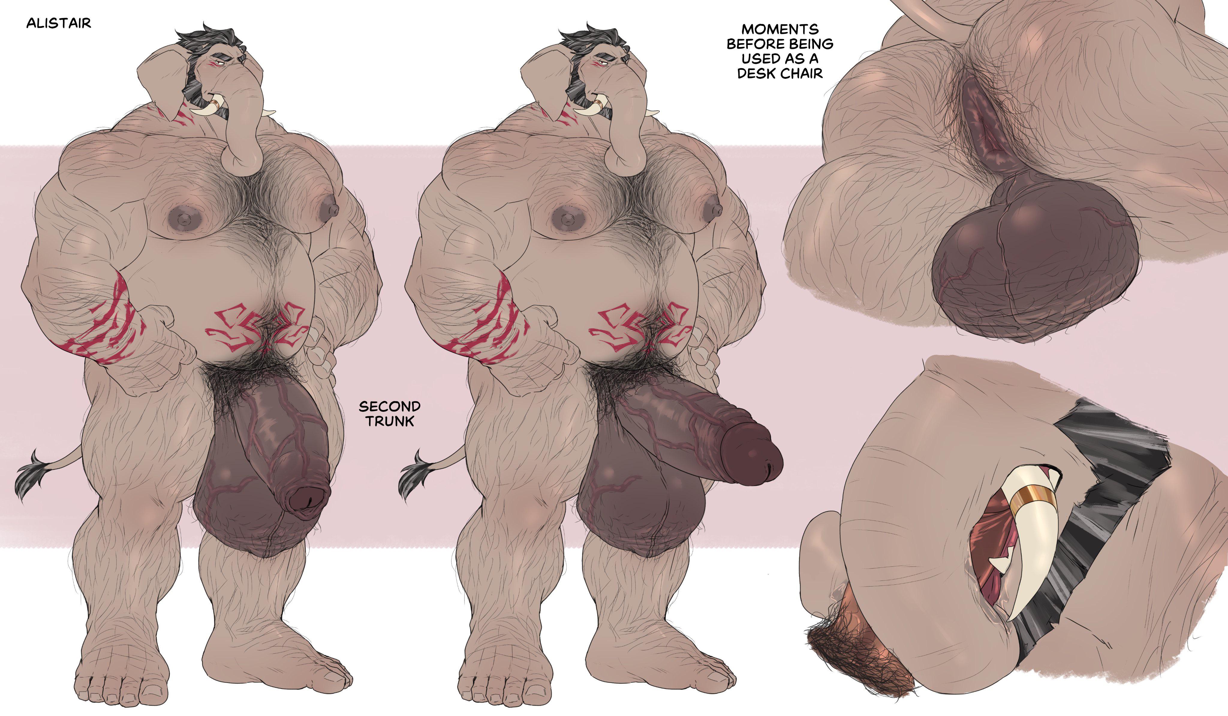 alistair (ghangaji), anthro, anus, ass, balls, bara, beard, big balls, big penis, blowjob, body hair, boner, elephant, erection, facial hair, flaccid, gay, ghangaji, huge balls, huge cock, male, male only, muscles, muscular, nude, penis, solo, solo male, tattoo, trunk, yaoi