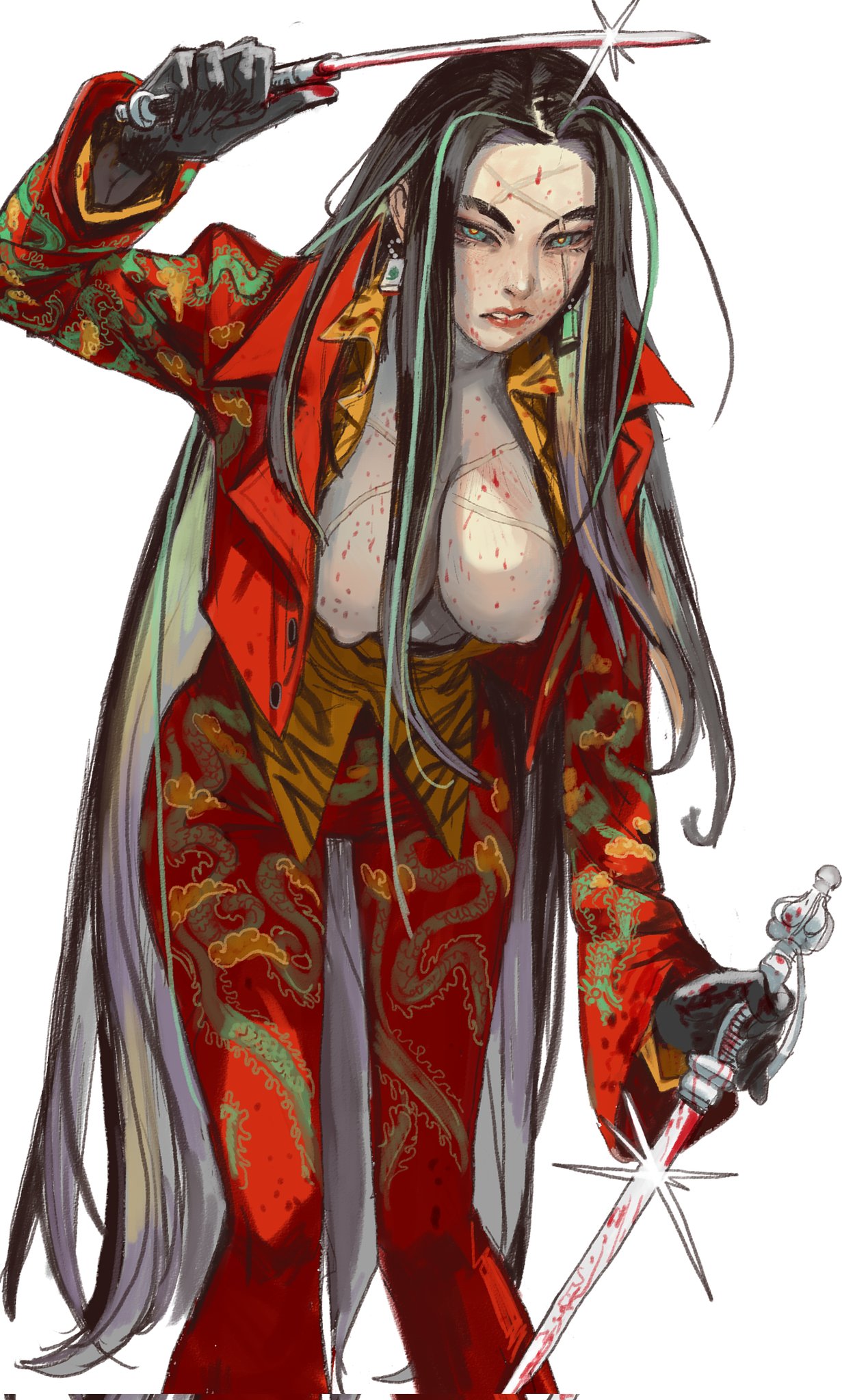 1girls, 2d, asian, asian clothing, asian female, big breasts, black hair, blood, blood on face, blood stain, breasts, breasts exposed, character request, chinese clothes, dragon, dragon pattern, earrings, exposed breasts, female, female only, green eyes, green hair, green highlights, human, knife, large breasts, light skin, light-skinned female, long hair, mossa, multicolored hair, nipples, open jacket, open mouth, pale skin, pale-skinned female, red clothing, scars, solo, solo female, sparkles, sword, tagme, two-tone hair, very long hair, weapon