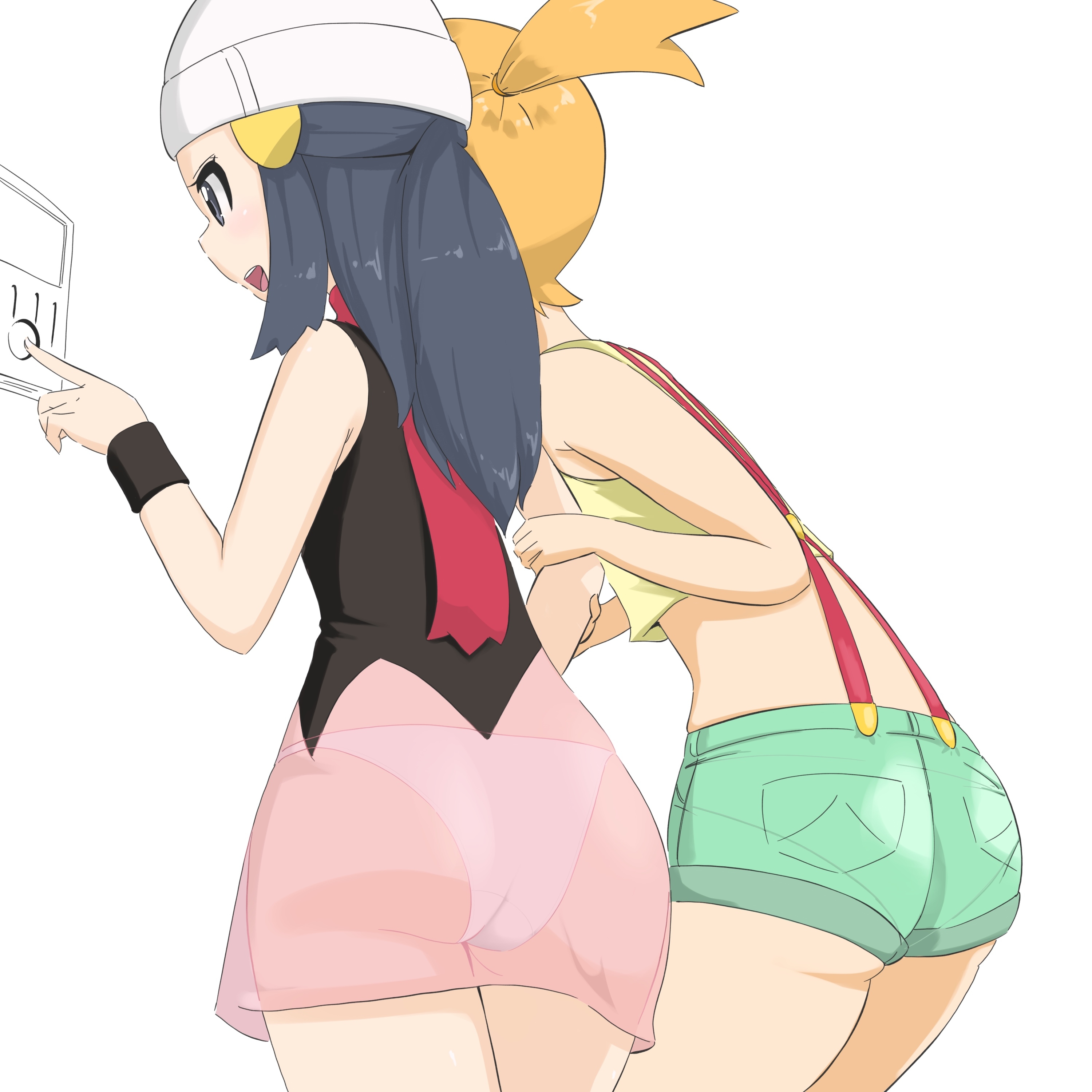 1:1 aspect ratio, 2girls, ass, asymmetrical hair, bare arms, bare legs, bare shoulders, blue eyes, blue hair, blush, breasts, clavicle, clothing, ctiger, dawn (pokemon), denim, denim shorts, duo, female, female only, game freak, green eyes, grin, gym leader, hair down, hat, headwear, high resolution, kasumi (pokemon), legs, legwear, long hair, microsd (artist), miniskirt, misty (pokemon), multiple females, multiple girls, navel, nintendo, one eye closed, open mouth, orange hair, pink skirt, pleated skirt, pokemon, pokemon (anime), pokemon (classic anime), pokemon (game), pokemon dppt, pokemon rgby, ponytail, red neckwear, red scarf, scarf, shirt, short hair, short shorts, shorts, side ponytail, skirt, smile, standing, tank top, thighs, tied hair, very high resolution, wink, yellow shirt, yellow tank top
