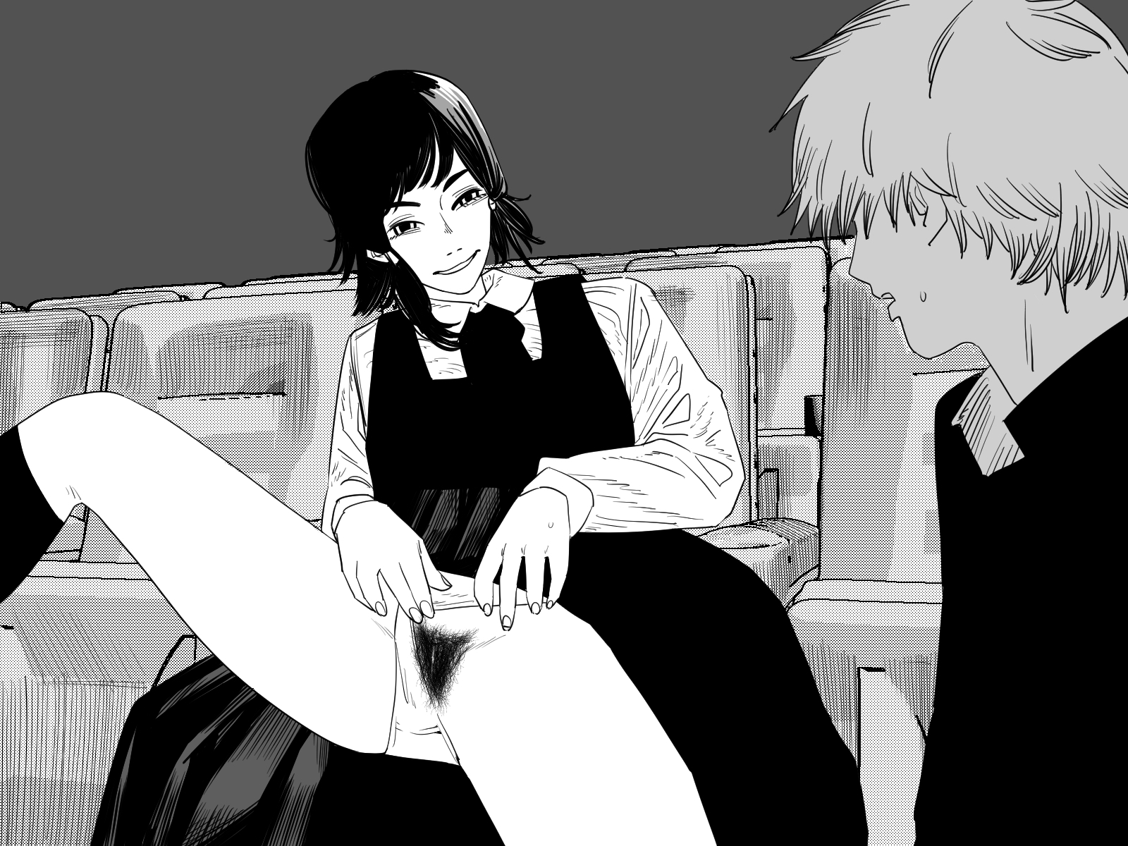 1boy, 1girls, chainsaw man, denji (chainsaw man), female, hairy pussy, male, mifune fumiko, movie theater, panties, panties aside, pubes, pubic hair, pussy, pussy out, smiling, togashi mimina