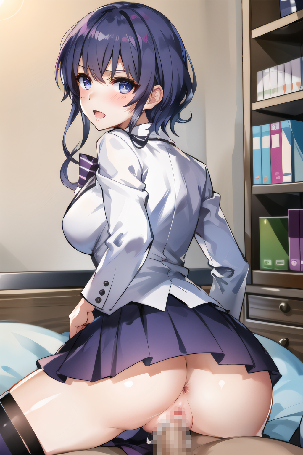 ai_generated alternate_eye_color artist_request blue_eyes clothed_sex cowgirl_position hyoudou_michiru purple_hair saenai_heroine_no_sodatekata school_uniform sex vaginal_penetration