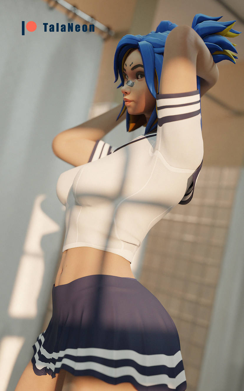 1girls bathroom blue_hair blue_skirt crop_top hands_in_hair neon_(valorant) no_bra riot_games side_view skirt standing talaneon valorant watermark white_crop_top