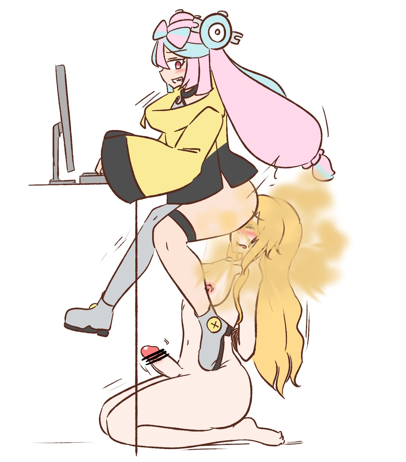 ass, ass in face, blonde hair, breasts, character request, erection, face in ass, facesitting, fart, fart cloud, fart fetish, farting, farting on face, female, femdom, futanari, futasub, game freak, intersex, iono (pokemon), nintendo, nipples, nude, penis, pokemon, pokemon sv, water noodle, white background