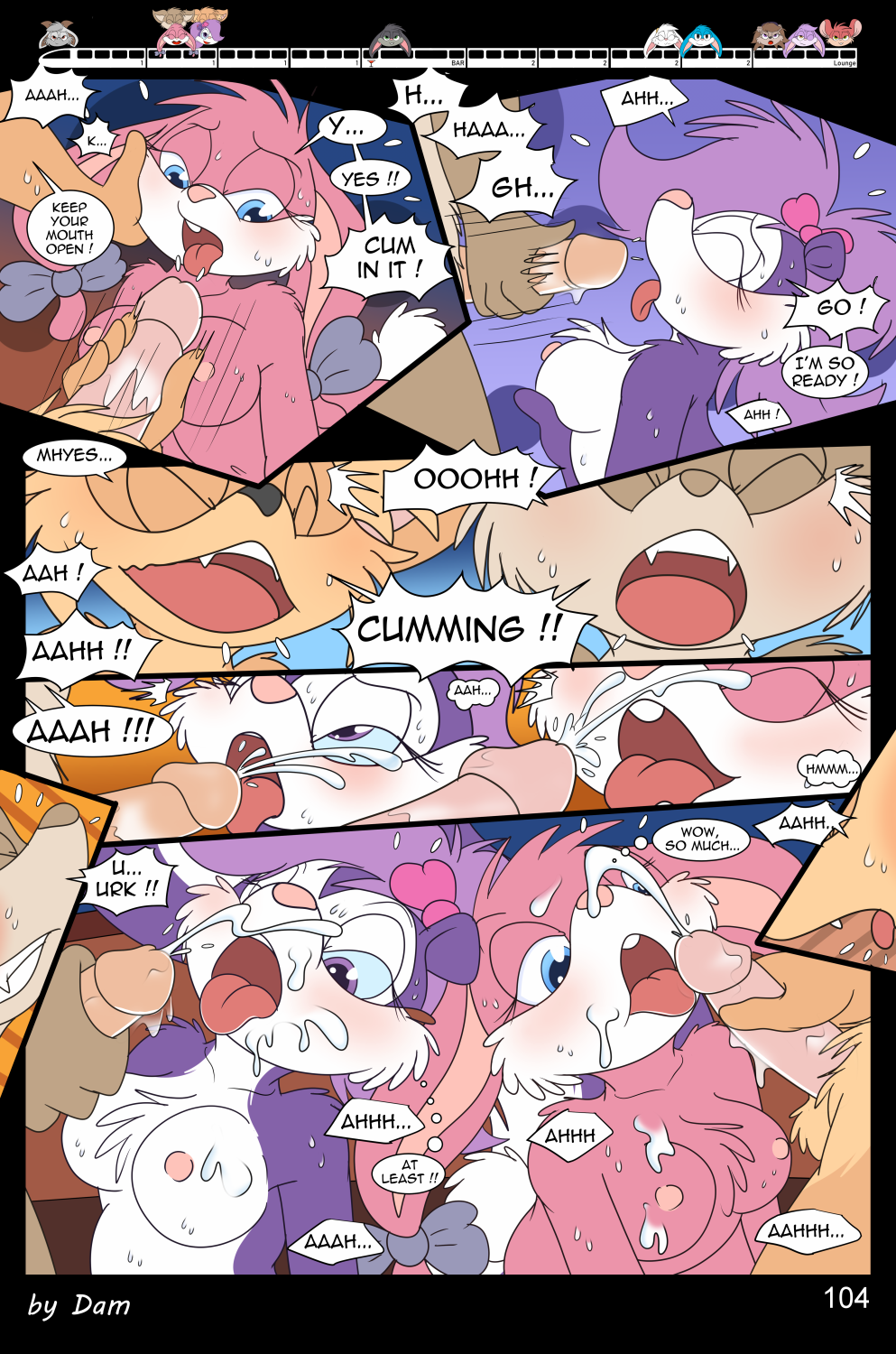 3_toes 4_fingers anthro babs_bunny breasts buster_bunny clothed clothing comic dam_(artist) dialogue english_text feet female fifi_la_fume fingers group hi_res lagomorph leporid male mammal mephitid page_104 plantigrade rabbit skunk speech_bubble text tiny_toon_adventures toes toons toony train vehicle warner_brothers