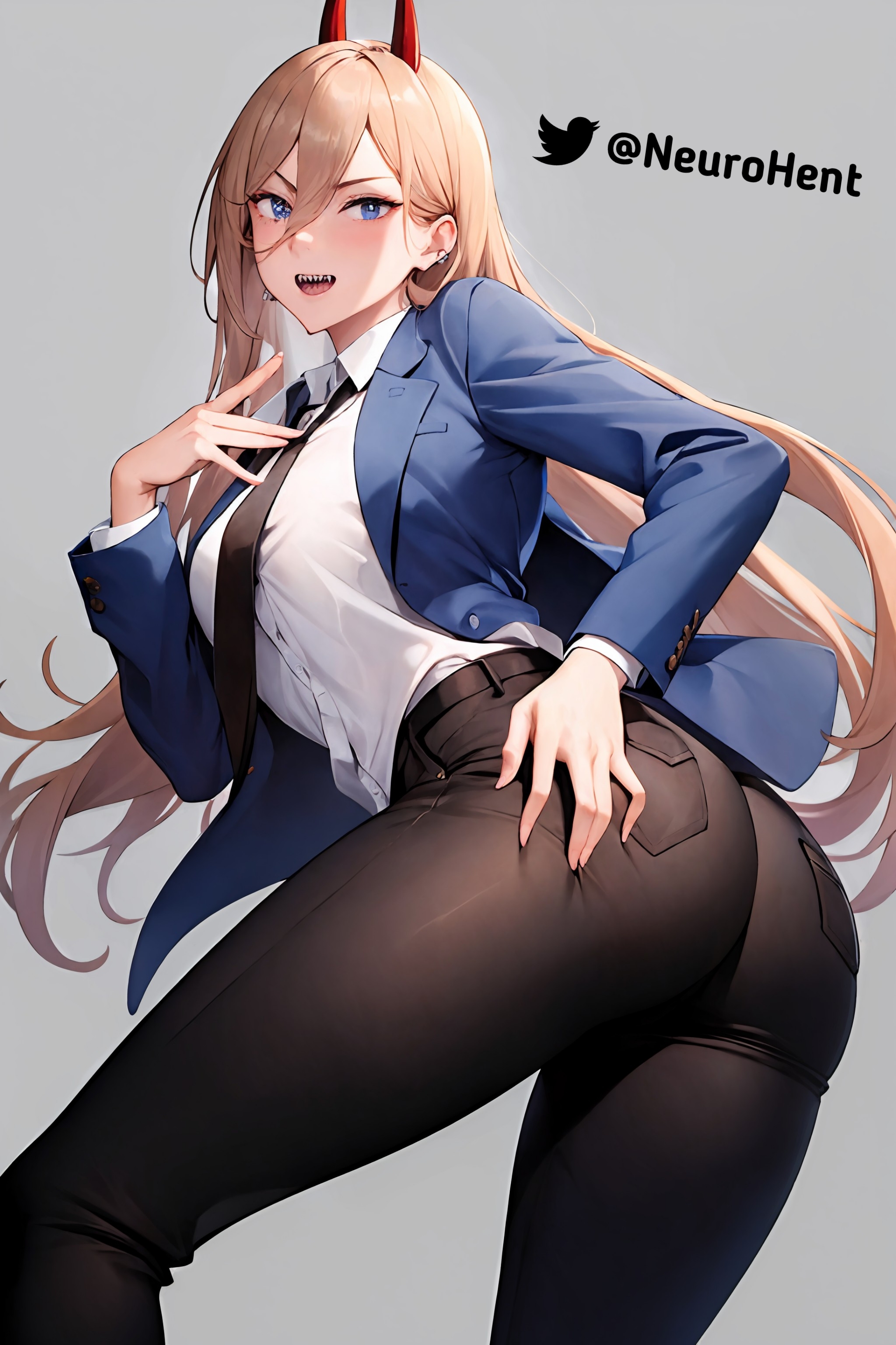 1girls, ai generated, ass, blonde hair, blue eyes, blush, chainsaw man, demon horns, female, female only, horns, legs, long hair, looking at viewer, open mouth, pants, power (chainsaw man), sharp teeth, solo