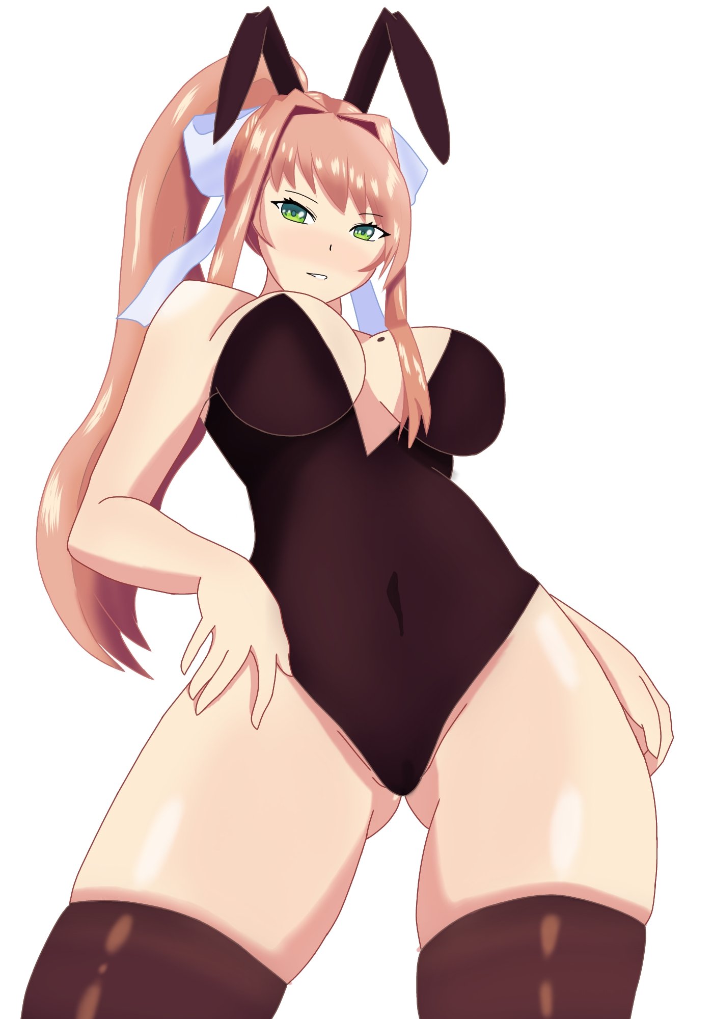 1girls big_breasts black_bunnysuit bunnysuit doki_doki_literature_club dylanmac72 female female_only green_eyes long_hair looking_at_viewer looking_down mole mole_on_breast monika_(doki_doki_literature_club) peach_hair thick_thighs thighhighs white_background white_bow