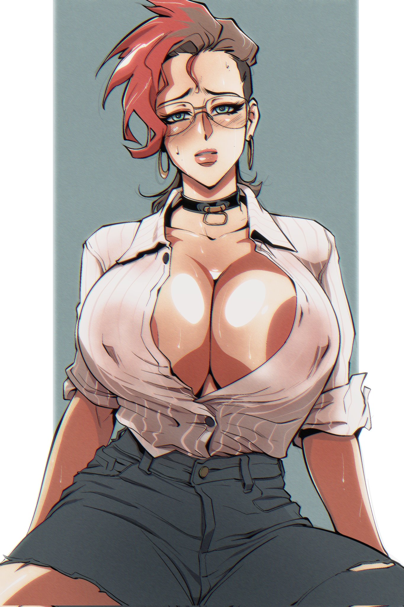 areola, areola slip, areolae, areolae slip, balak, blush, breasts, cleavage, dress shirt, ear piercing, earrings, female, glasses, huge breasts, lips, nipple bulge, nipples, nipples visible through clothing, see-through, see-through clothing, shirt, skirt, undercut