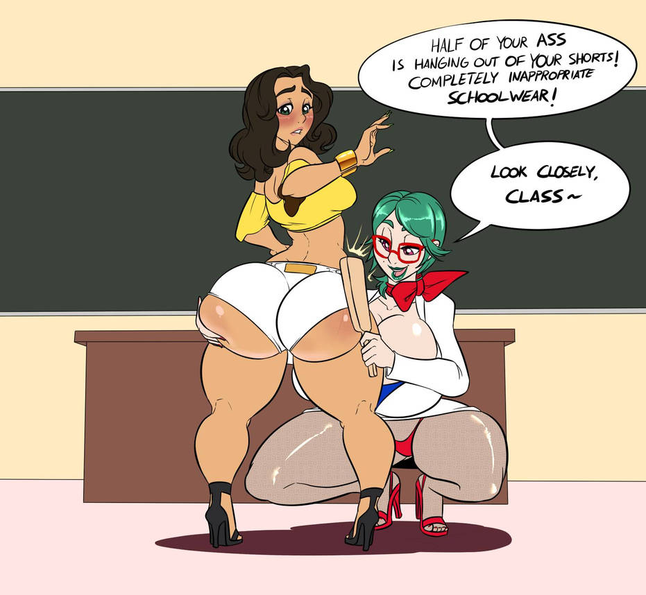 2018 2girls ass ass_grab ass_vs_breasts big_ass big_butt black_hair black_heels blackboard blush bottom_heavy breast_size_difference breasts bubble_ass butt_size_difference carmen_and_kelsie carmen_marvello classroom dat_ass dumptruck_ass english_text fanart fat_ass_teen green_hair huge_ass kaboozle long_hair multiple_girls paddle red_glasses red_heels red_panties red_ribbon round_ass school school_desk shorts student teacher teacher_and_student text top_heavy yellow_shirt yuri