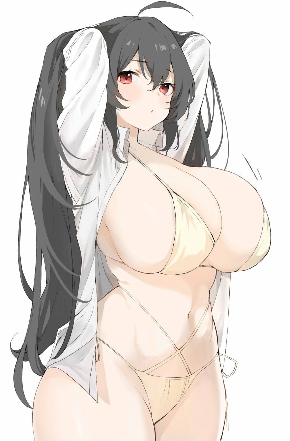 1girls, ahoge, alternate costume, arms up, azur lane, bikini, black hair, blush, breasts, cleavage, collared shirt, commentary, cowboy shot, curvy, dress shirt, female, hair between eyes, hands in hair, highres, huge breasts, light skin, light-skinned female, long hair, looking at viewer, misato pic, multi-strapped bikini, navel, official alternate costume, open clothes, open shirt, parted lips, red eyes, sakura empire (azur lane), shirt, side-tie bikini bottom, simple background, solo, standing, stomach, string bikini, swimsuit, taihou (azur lane), taihou (seaside daydreams) (azur lane), thick thighs, white background, white shirt, wide hips, wing collar, yellow bikini