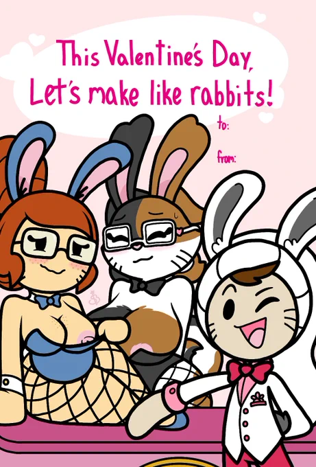 1boy 2girls blush blushing_at_viewer brooke_(inbottomdrawer) bunny_ears bunny_tail bunnysuit cally_(inbottomdrawer) glasses inbottomdrawer sockboy valentine's_day