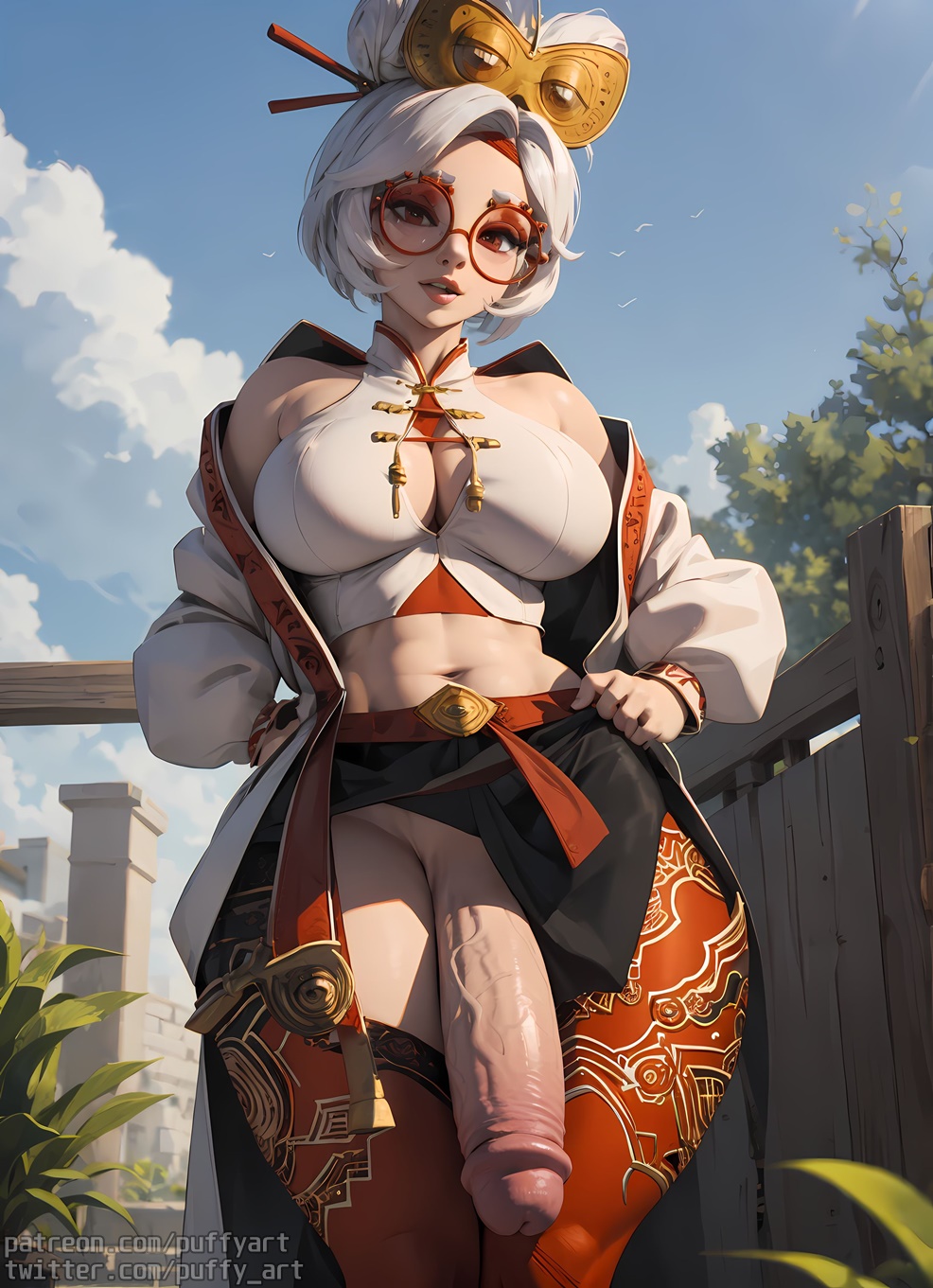 1futa, ai generated, ass, big breasts, breasts, busty, cleavage, curvy, curvy figure, dickgirl, dress, futa only, futanari, glasses, huge cock, intersex, light skin, light-skinned futa, massive penis, monster cock, penis, puffyart, purah, purah (tears of the kingdom), short hair, tears of the kingdom, the legend of zelda, thick ass, thick thighs, thighs, white hair