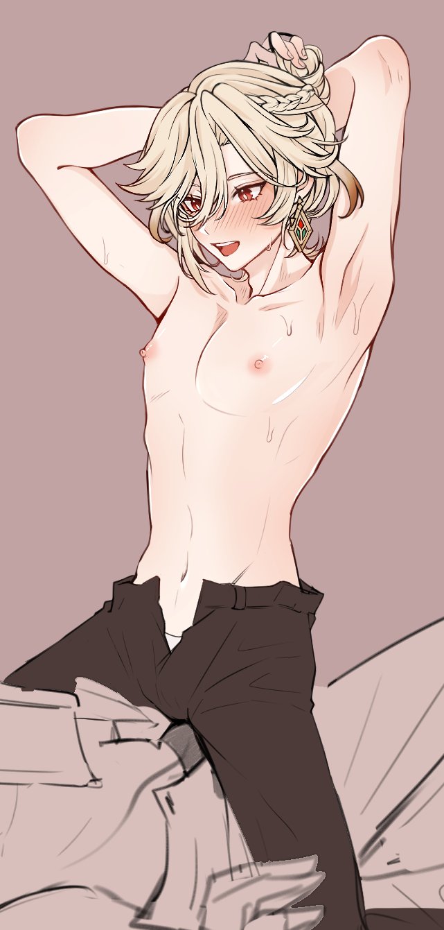 2boys, armpit, armpits, arms above head, arms up, belly button, blonde hair, blonde-haired male, blush, blush lines, earrings, femboy, gay, genshin impact, grinding, grinding on penis, hair bun, half-dressed, jewelry, kaveh (genshin impact), male, male focus, male only, male/male, multicolored hair, nipples, penis, pink nipples, red eyes, skinny, smaller male, sweat, sweatdrop, sweating, teasing, twink, unbuttoned pants, yaoi