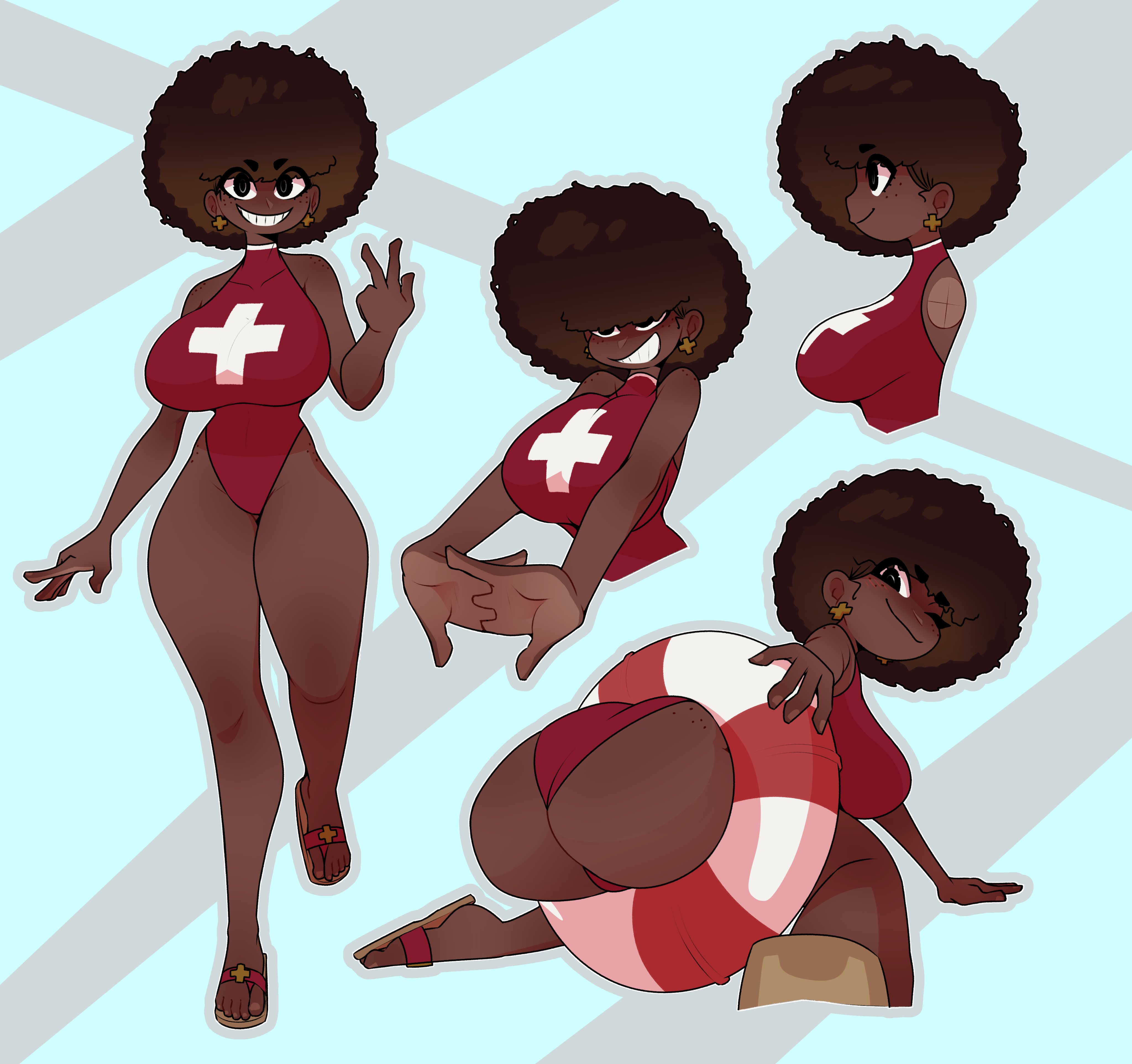 1girls, afro, ass, big ass, breasts, cassandra (dabbledraws), dabble, dark skin, dark-skinned female, female, female only, huge breasts, lifeguard, one-piece swimsuit, original character, solo, swimsuit