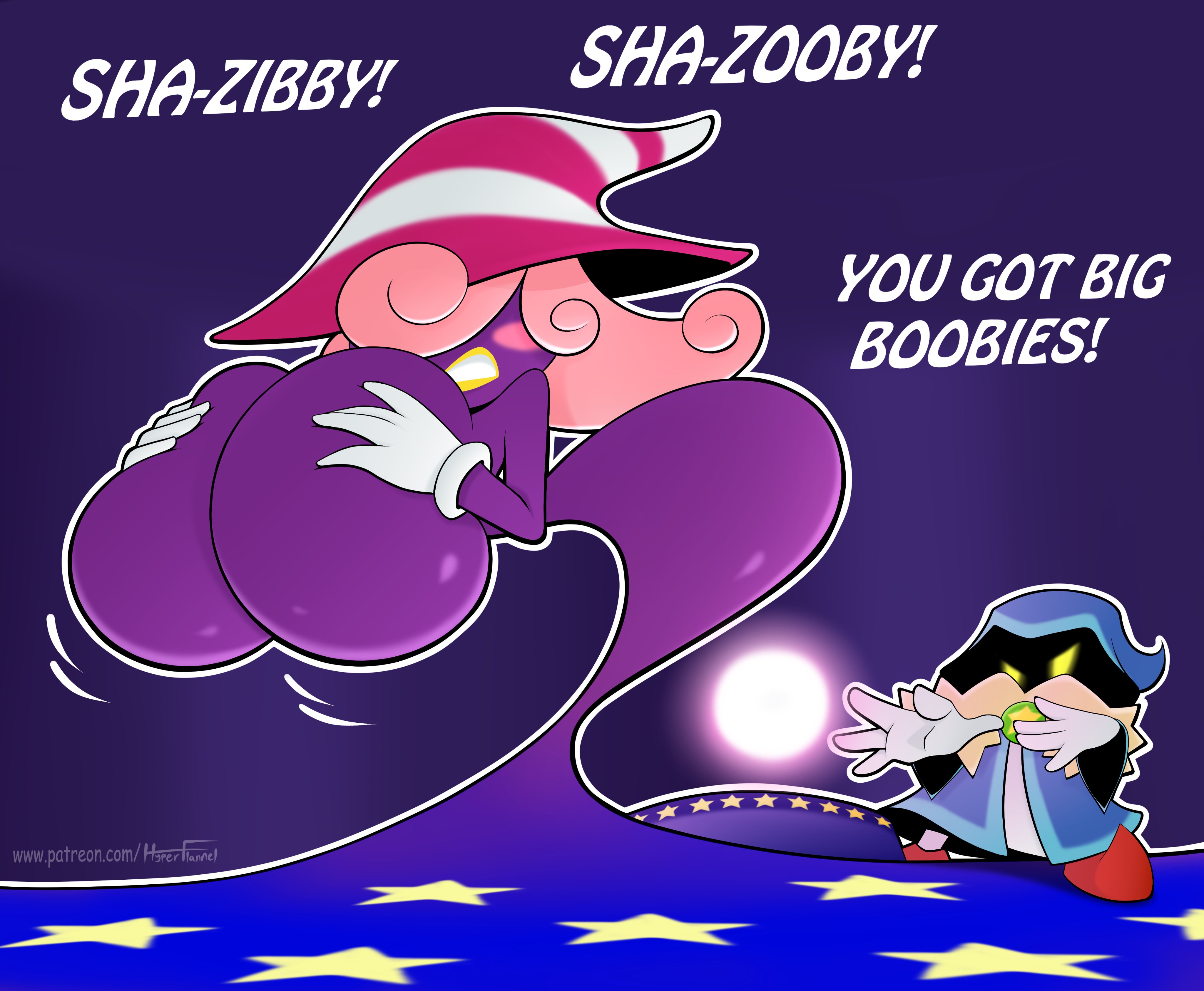 ass, big ass, big breasts, breast expansion, breast growth, breast growth (enlargement), breasts, breasts bigger than head, covering breasts, english text, expansion, featureless breasts, featureless crotch, female, huge ass, huge breasts, hyper breasts, hyperflannel, magic, magical girl, mario (series), naked, nintendo, non-human, nude, paper mario, paper mario: the thousand-year door, purple skin, simple background, text, vivian (paper mario), witch, witch hat, wizard