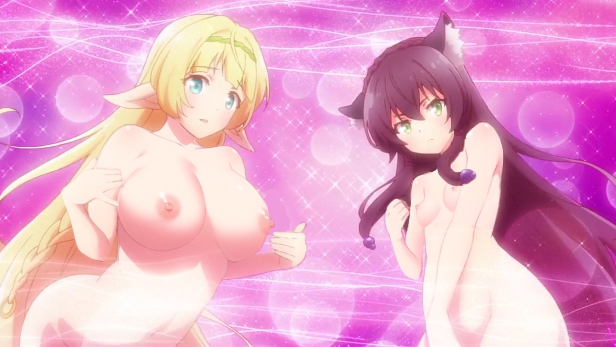 2girls, big breasts, black hair, blonde hair, blue eyes, breasts, cat ears, cat girl, cat tail, catgirl, digital media (artwork), elf female, facing viewer, female, green eyes, isekai maou to shoukan shoujo no dorei majutsu, midriff, multiple females, multiple girls, nipples, nude, nude female, perky breasts, pink background, pointy ears, rem galleu, shera l. greenwood, small breasts