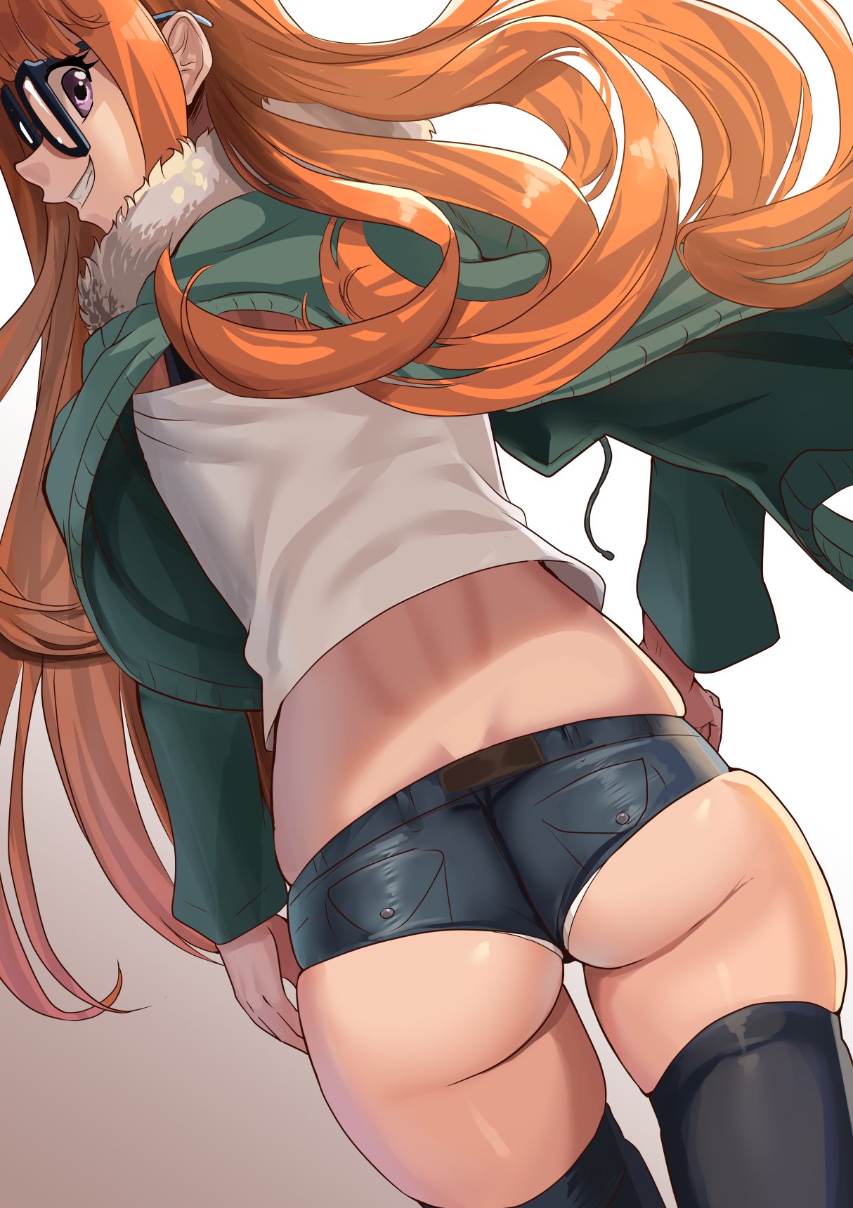 ass, ass hanging out of shorts, back view, booty shorts, female, glasses, jacket, jean shorts, looking back, minishorts, nico-mo, orange hair, persona, persona 5, purple eyes, sakura futaba, short shorts, shorts, smile, thick ass, thick thighs, thighhighs