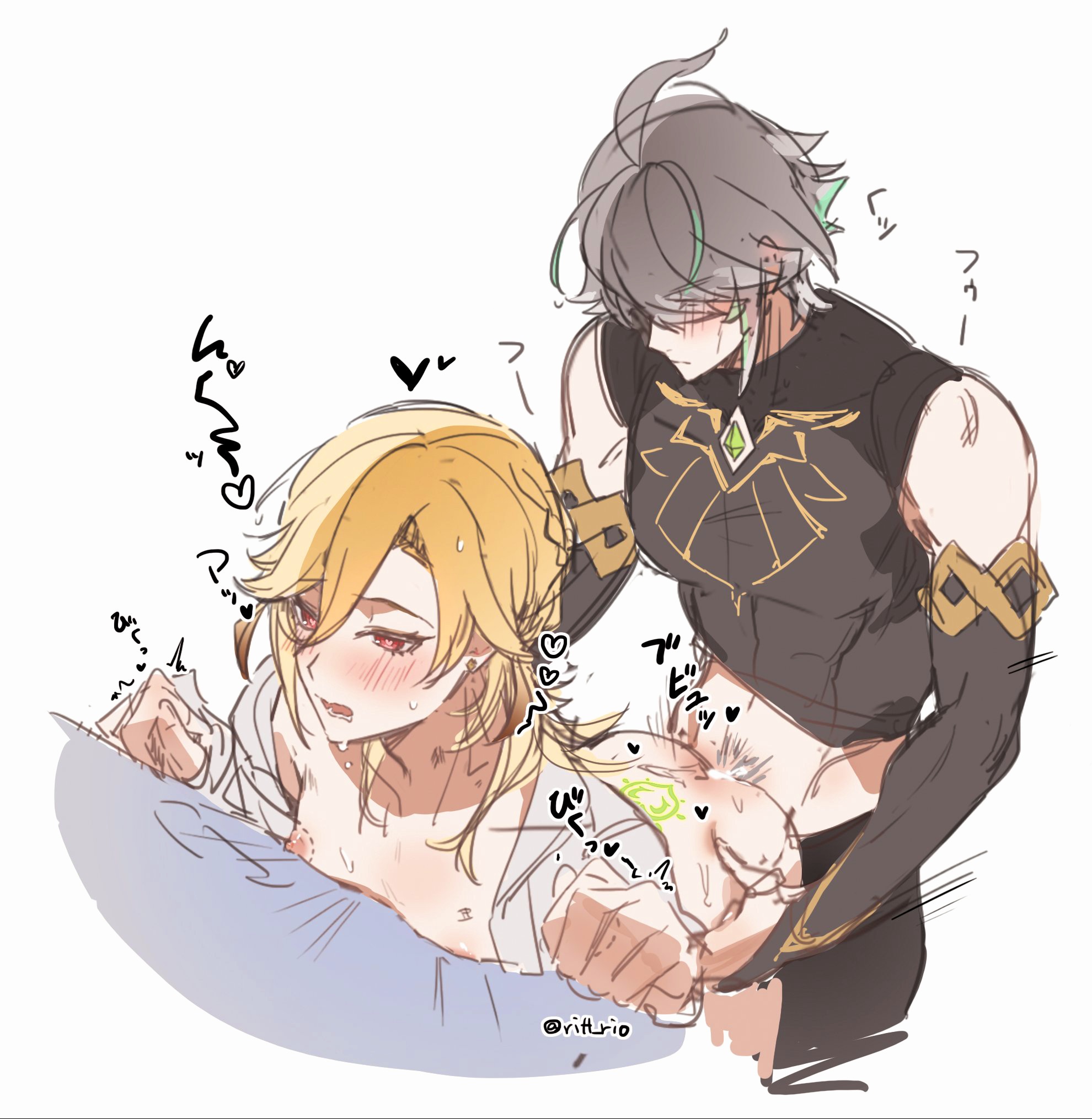 2boys, abs, alhaitham (genshin impact), anal, anal sex, biceps, bite, bite mark, blonde hair, blonde-haired male, blush, blush lines, covered eyes, doggy style, drool, drooling, femboy, from behind, from behind position, gay, gay sex, genshin impact, grey hair, hair over one eye, kaveh (genshin impact), male, male only, male penetrated, male penetrating, male penetrating male, male/male, multicolored hair, muscles, muscular, muscular male, nipples, penetration, penetration from behind, pink nipples, pubic hair, red eyes, smaller male, sound effects, sweat, sweatdrop, swollen nipples, tattoo, twink, yaoi