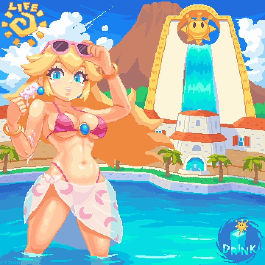 1girls, beach, big breasts, bikini, breasts, delfino plaza, eyewear on head, female, female only, mario (series), outdoors, partially submerged, pixel art, princess, princess peach, princess peach (swimwear), royal, royalty, solo, standing, sunglasses on head, super mario bros., super mario odyssey, super mario sunshine, swimsuit, tagme, video games