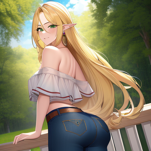 1girls ai_generated alborewimi arched_back ass bare_back bare_shoulders belt big_ass big_butt blonde_hair blue_jeans clueless denim denim_bottomwear denim_clothing denim_jeans earrings elf elf_ears female from_behind from_side green_eyes jeans jewelry light-skinned_female looking_at_viewer looking_back nai_diffusion oblivious off_shoulder outdoors pawg pockets pointy_ears posing rear_view round_ass round_butt showing_ass showing_off showing_off_ass solo solo_focus stable_diffusion standing suggestive tease tight_clothing tight_jeans white_shirt