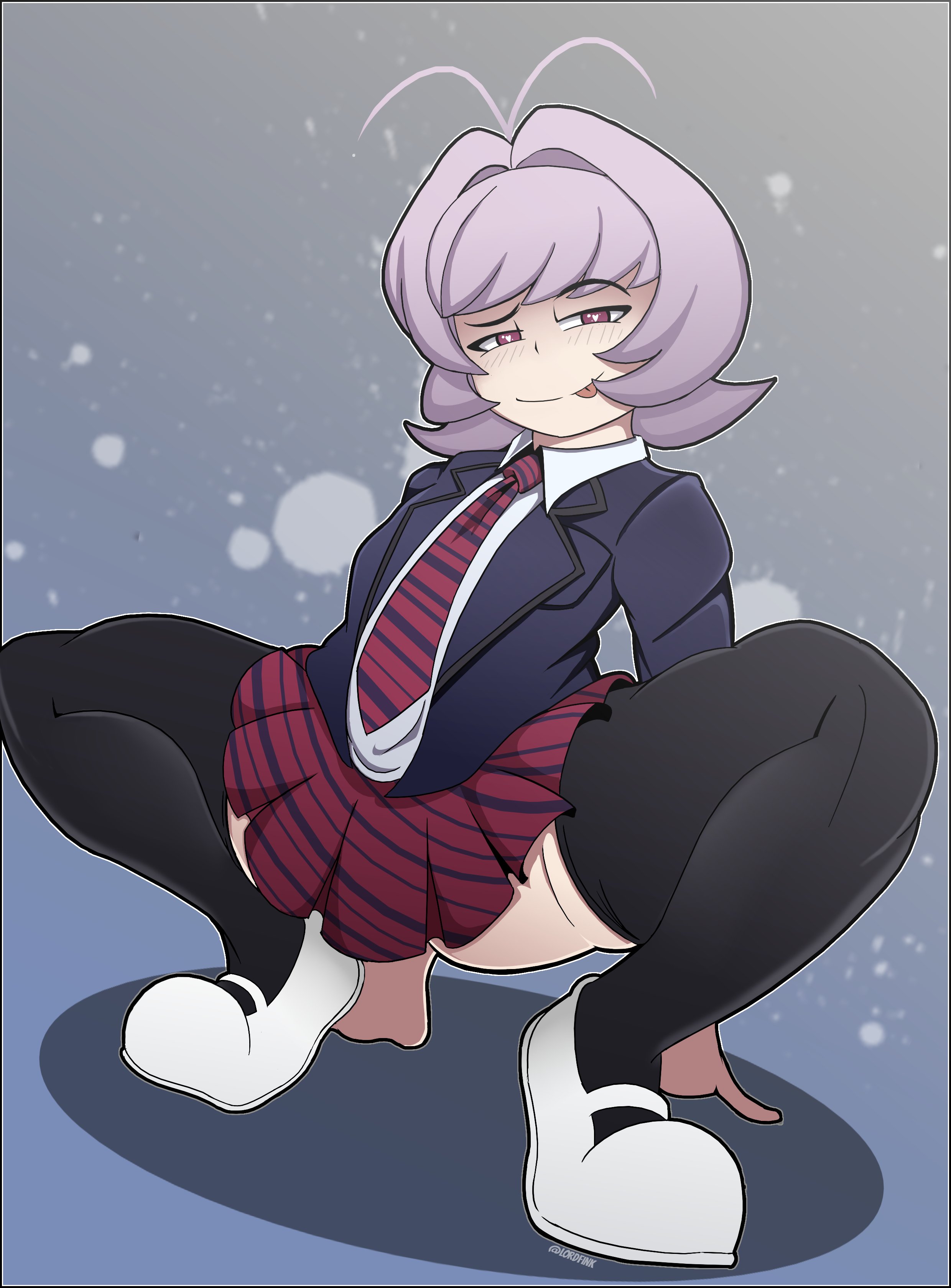 1other, ambiguous gender, androgynous, big thighs, blush, girly, heart-shaped pupils, huge thighs, komi-san wa komyushou desu, large thighs, lordfink, osana najimi, school uniform, solo, squatting, thick thighs, thighs