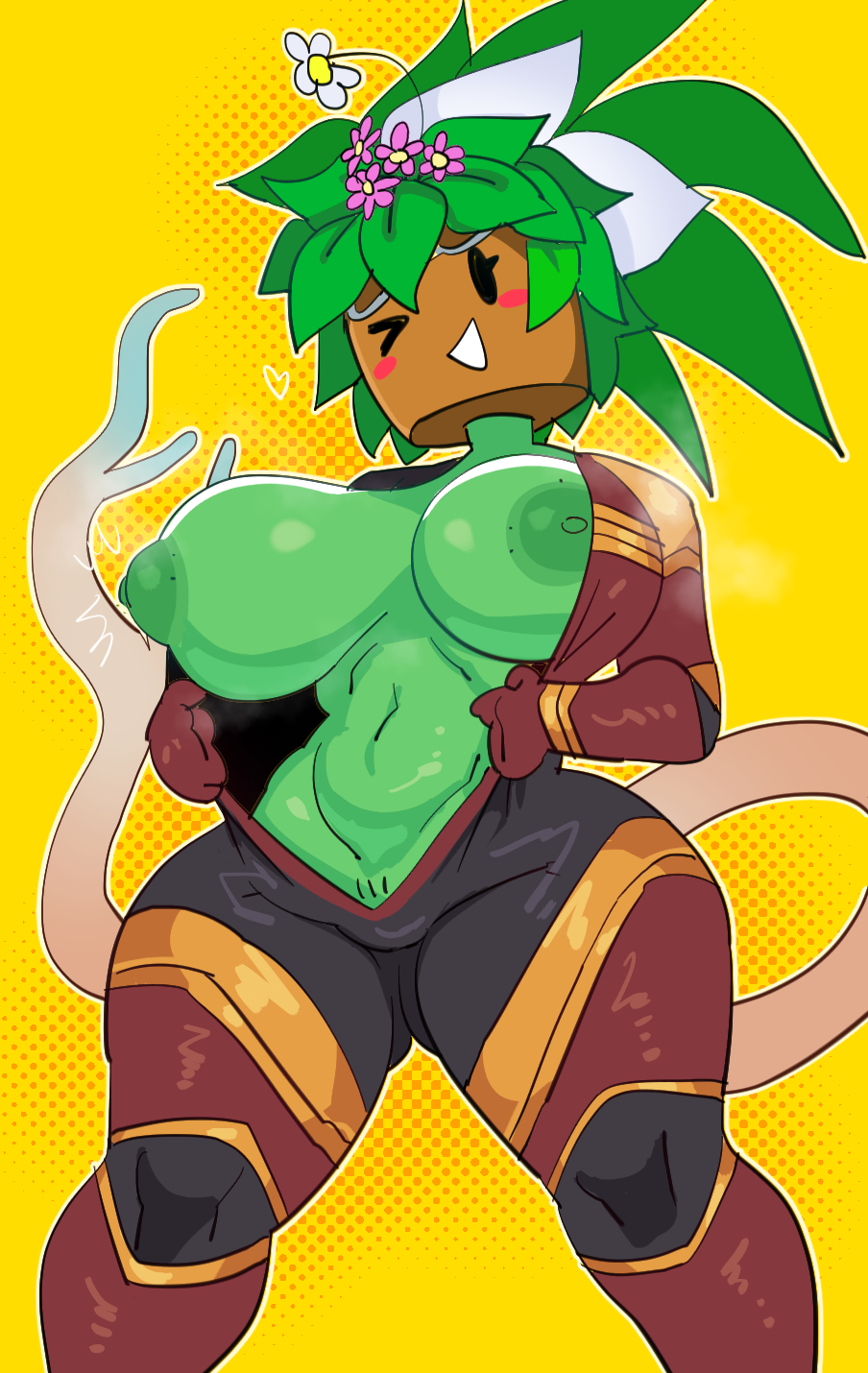 2023 alternate_costume anthro big_breasts blaster_master blaster_master_zero_2 bodysuit breadcatta breasts female flora_fauna green_body kanna_(blaster_master) mob_face plant_girl plant_humanoid plantie presenting presenting_breasts solo tail thick_thighs wink