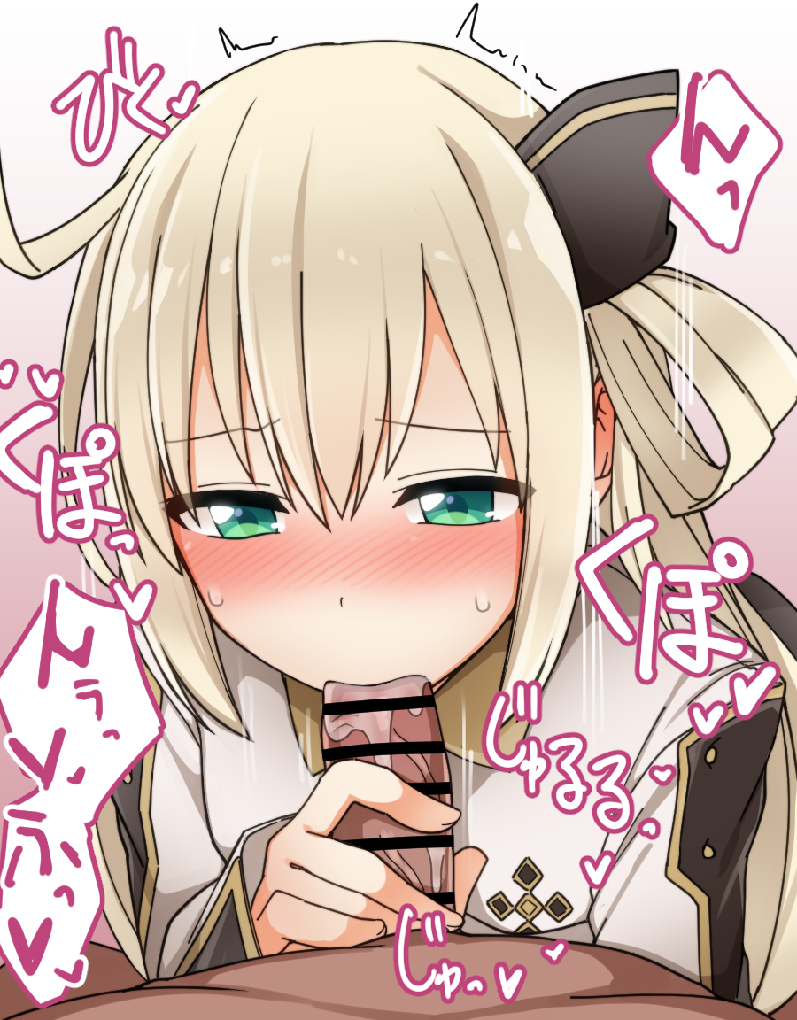 1boy 1girls blonde_hair blowjob blush dark-skinned_male dark_skin duel_monster handjob japanese_text kotaro_psd light-skinned_female light_skin male_pov nose_blush pov sex sky_striker_ace_raye speech_bubble straight text yu-gi-oh!