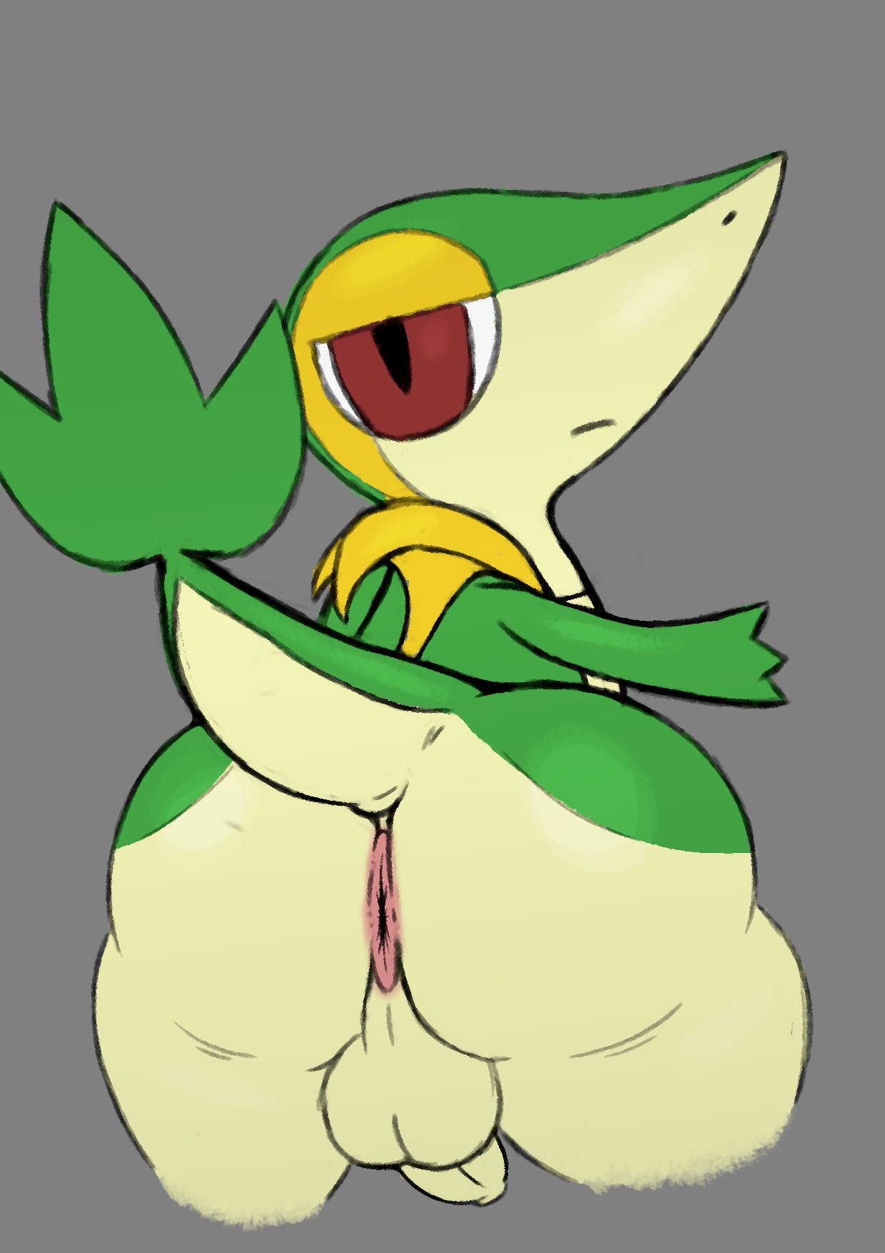 2023 anthro anus ass balls big_butt digital_media_(artwork) generation_5_pokemon genitals green_body green_tail grey_background half-closed_eyes hi_res looking_at_viewer looking_back male multicolored_body narrowed_eyes nekoni nintendo nude penis pokemon pokemon_(species) red_eyes simple_background small_penis snivy solo standing tail thick_thighs tsutarja two_tone_tail yellow_body yellow_tail