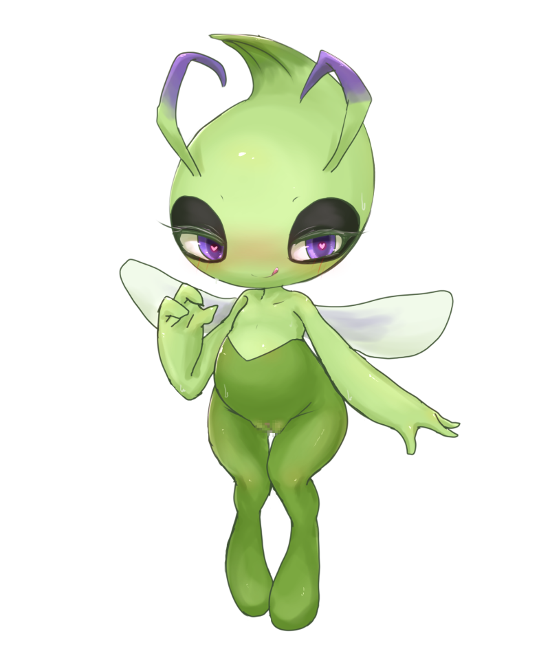 <3_eyes celebi censored ehada fairy female generation_2_pokemon genitals green_body green_skin heart legendary_pokemon mosaic_censorship nintendo png pokemon pokemon_(species) purple_eyes pussy simple_background solo tongue tongue_out wings