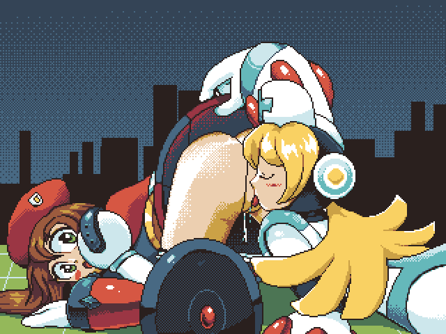 2022 2girls android ass cinnamon_gaudille cunnilingus hnsundown iris_(mega_man) mega_man mega_man_x multiple_girls no_panties pixel_art pussy robot robot_girl skirt upskirt yuri