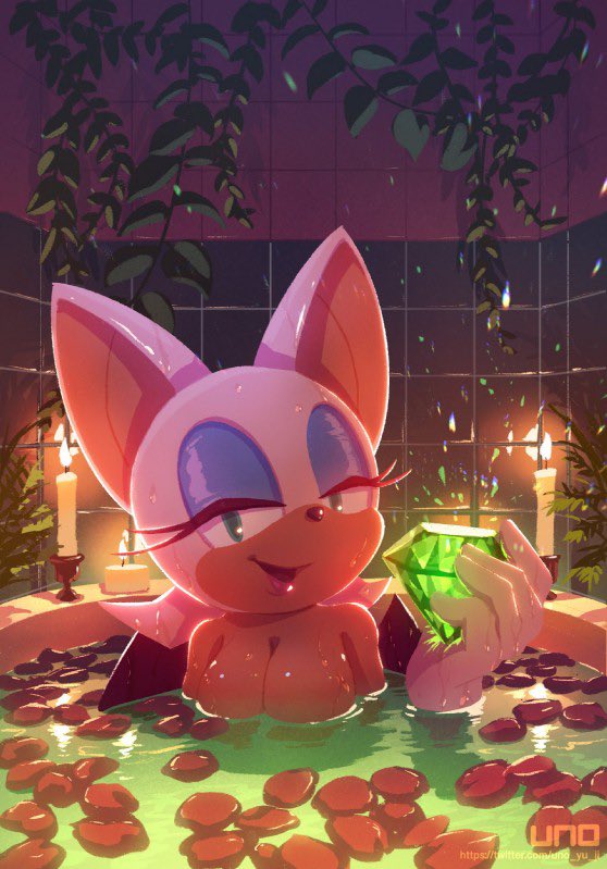 1girls, bat, bat wings, bath, bathing, bathtub, breasts, chaos emerald, covered nipples, female, female only, looking at viewer, nude, official art, rouge the bat, seductive, seductive look, smile, smiling, solo, sonic (series), tagme, yui karasuno