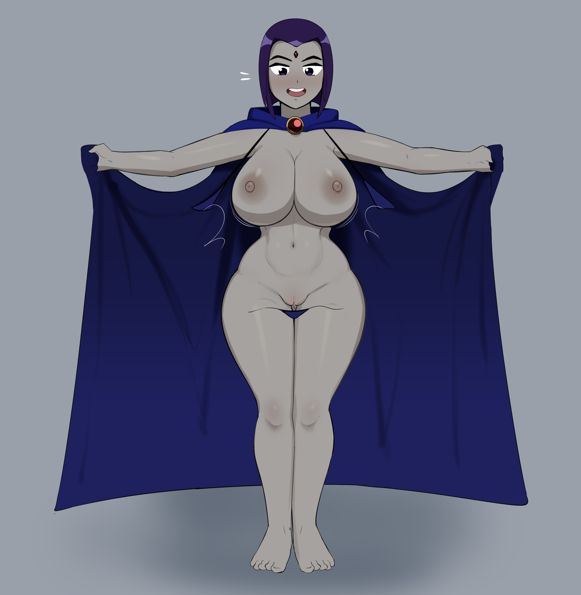 1girls, accidental exposure, areolae, barefoot, bikini, blue bikini, blush, bouncing breasts, breasts, cartoon network, cloak, dc, dc comics, embarrassed, embarrassed nude female, enf, feet, female, g3mma, huge breasts, mostly nude, motion lines, navel, nipples, precarious clothing, purple eyes, purple hair, pussy, rachel roth, raven (dc), short hair, sling bikini, solo, surprised, tagme, teen titans, thick thighs, wardrobe malfunction, wide hips