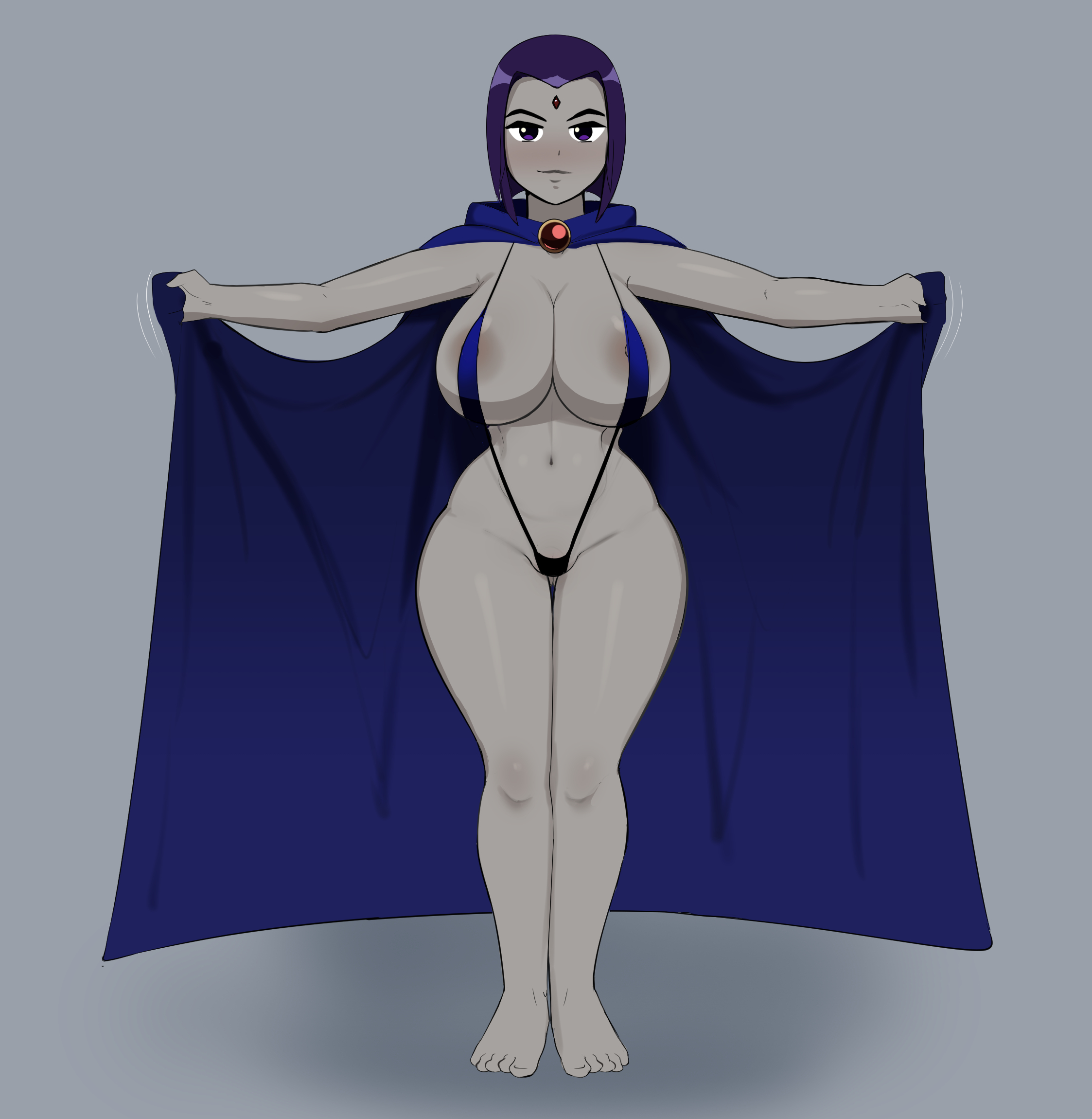 1girls, areolae, barefoot, bikini, blue bikini, blue swimsuit, blush, breasts, cartoon network, cloak, dc, dc comics, erect nipples, feet, female, g3mma, huge breasts, large breasts, looking at viewer, navel, nipple slip, nipples, one-piece swimsuit, precarious clothing, purple eyes, purple hair, rachel roth, raven (dc), short hair, sling bikini, solo, teen titans, thick thighs, toes, wide hips