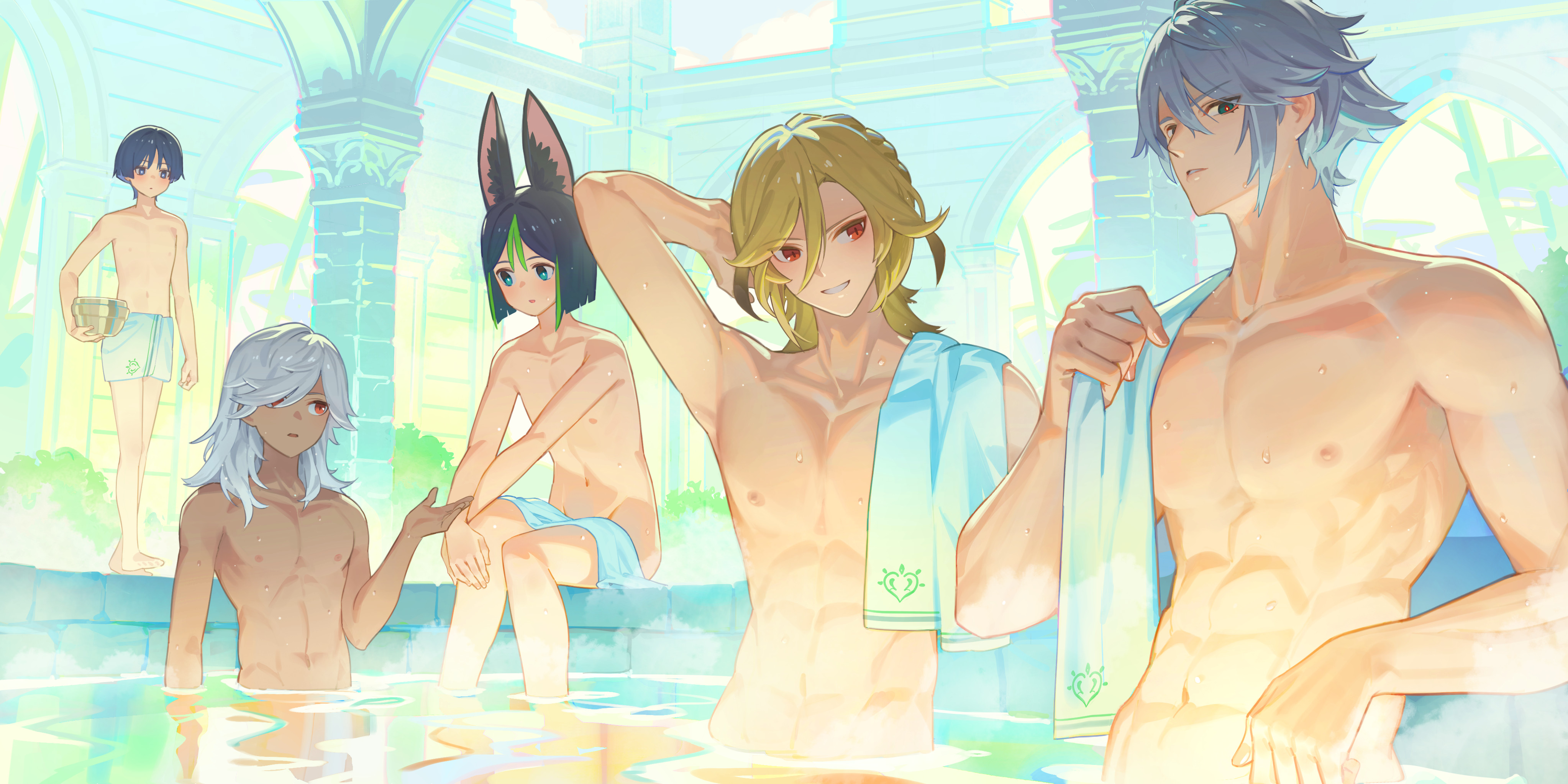 5boys, abs, alhaitham (genshin impact), animal ears, artist request, bathhouse, cyno (genshin impact), fit, genshin impact, kaveh (genshin impact), male, male only, nipples, scaramouche (genshin impact), tighnari (genshin impact), toned, toned male, towel, water