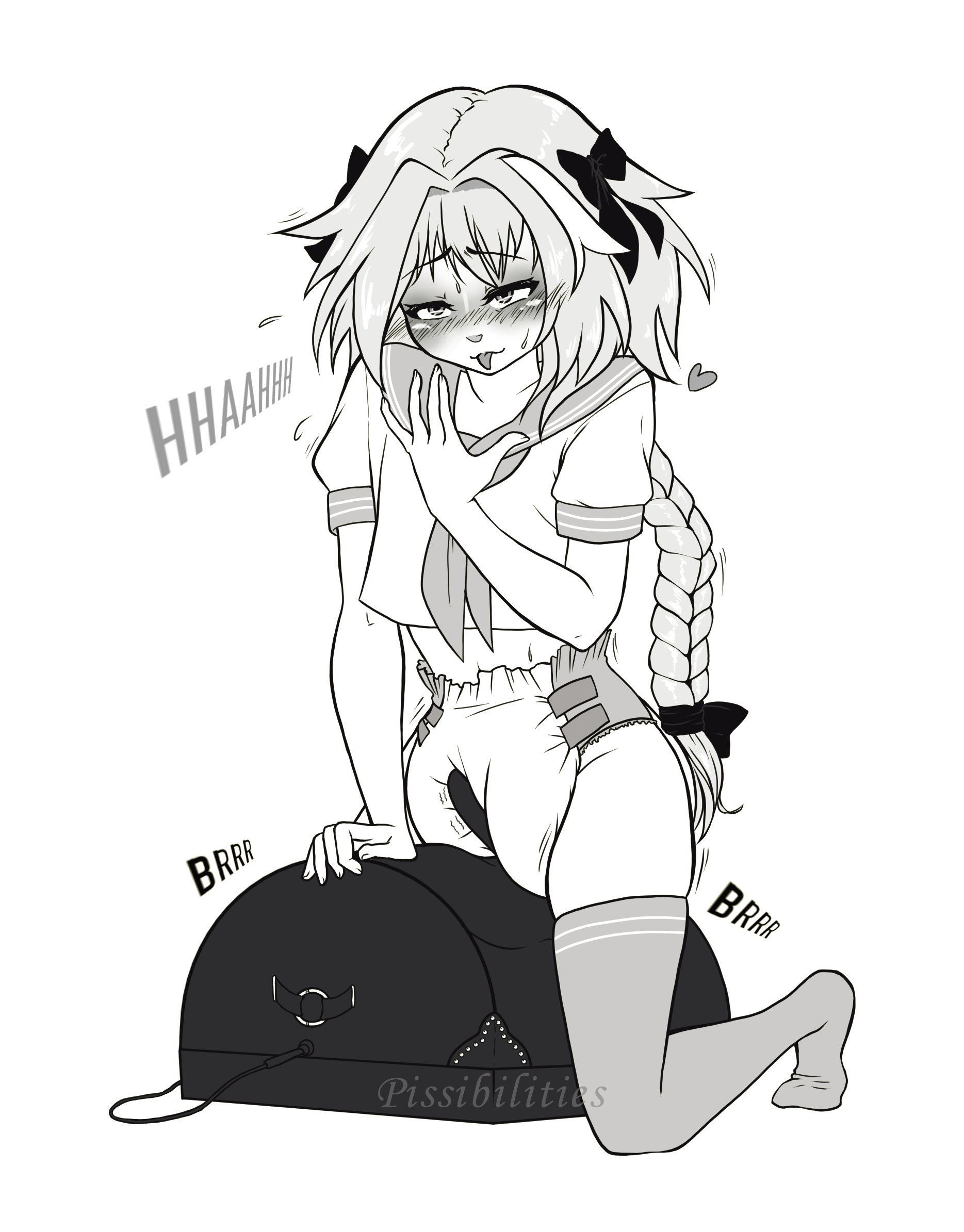 1boy, absurd res, artist signature, astolfo (fate), braid, bulge, crossdressing, diaper, dildo, eyelashes, eyeliner, fate (series), fate/grand order, femboy, flat chest, girly, heart, hi res, kneeling, lingerie, long hair, makeup, male, male only, masturbation, masturbation through clothing, monochrome, on knees, ribbon, sex machine, sex toy, smutmoresmut, socks, stockings, sweat, sybian, thighhighs, tongue, tongue out, very long hair, vibrator